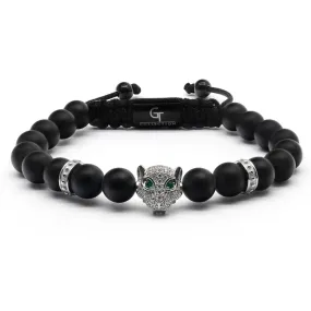 Men's BLACK ONYX Bracelet With Silver LEOPARD Head - One Size Fits All