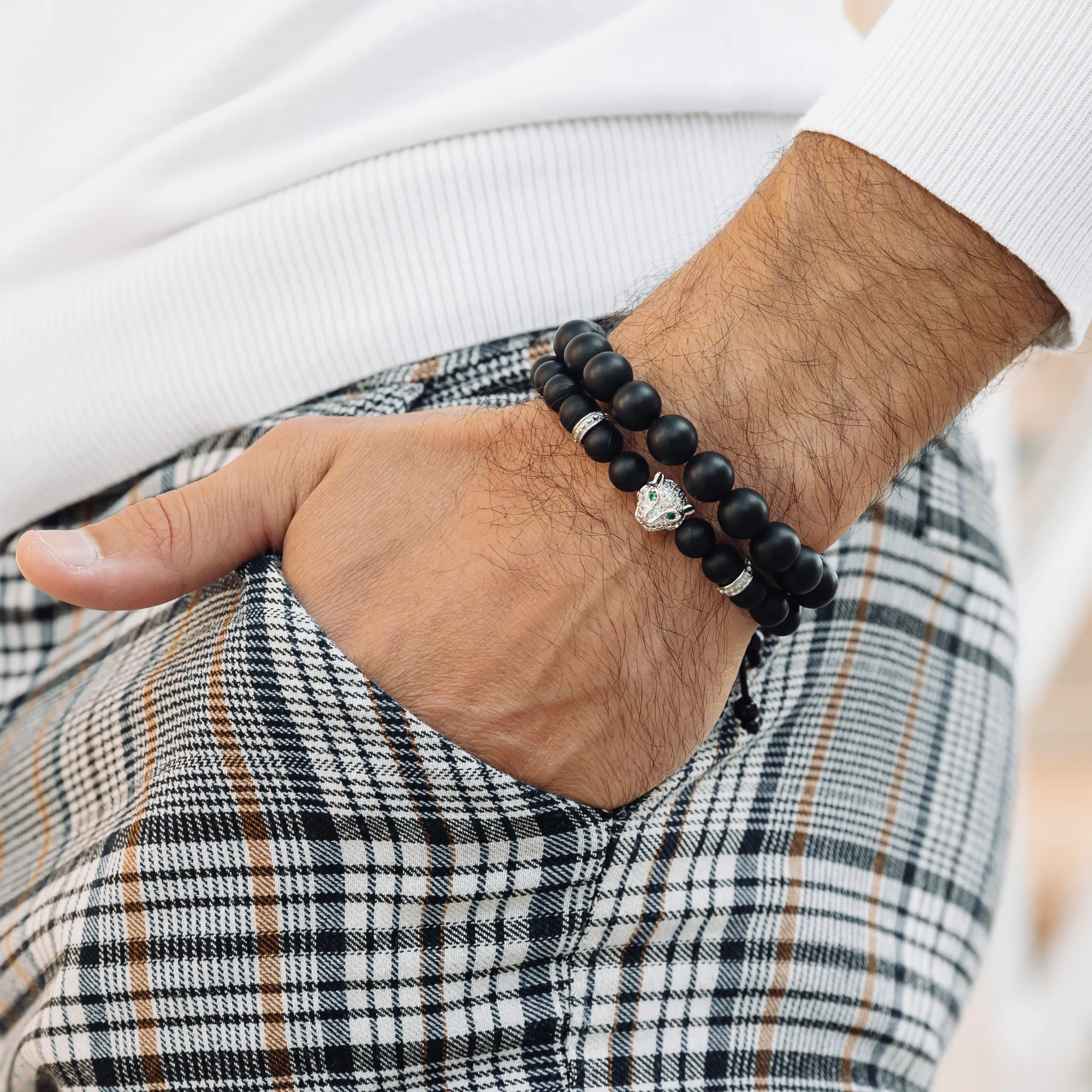 Men's BLACK ONYX Bracelet With Silver LEOPARD Head - One Size Fits All