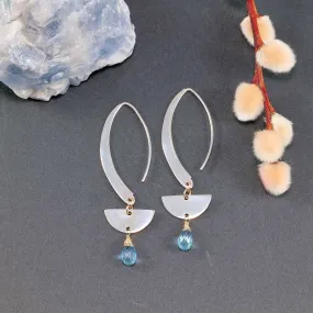 Modern Minimalist - Silver Half Circle Aquamarine Drop Earrings