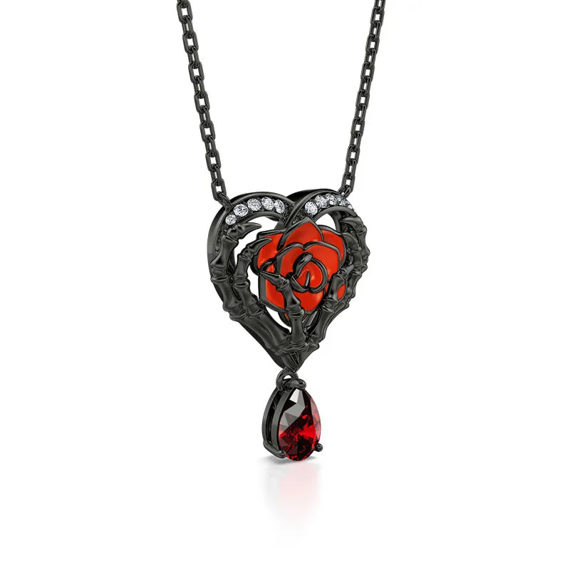 Never Ending Love Skeleton Hands & Rose Necklace