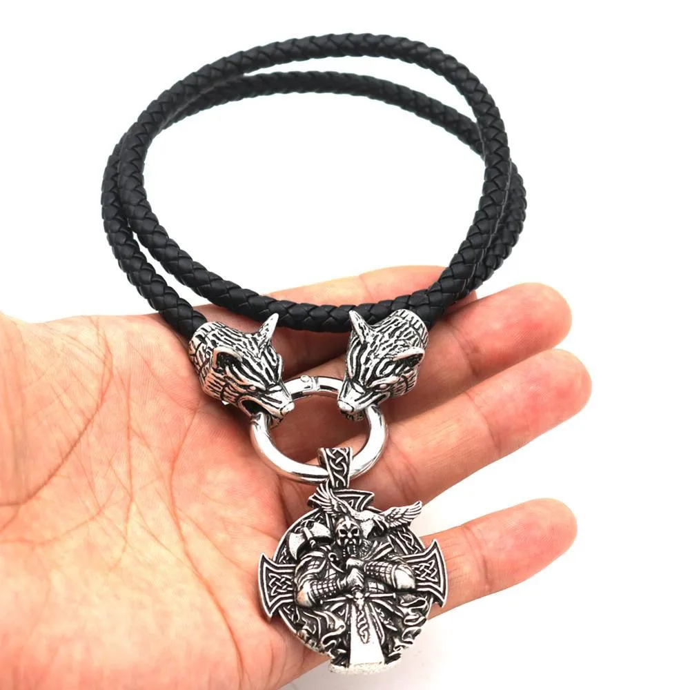 Odin Wolf Head and Cross Pendant with Leather Rope Necklace