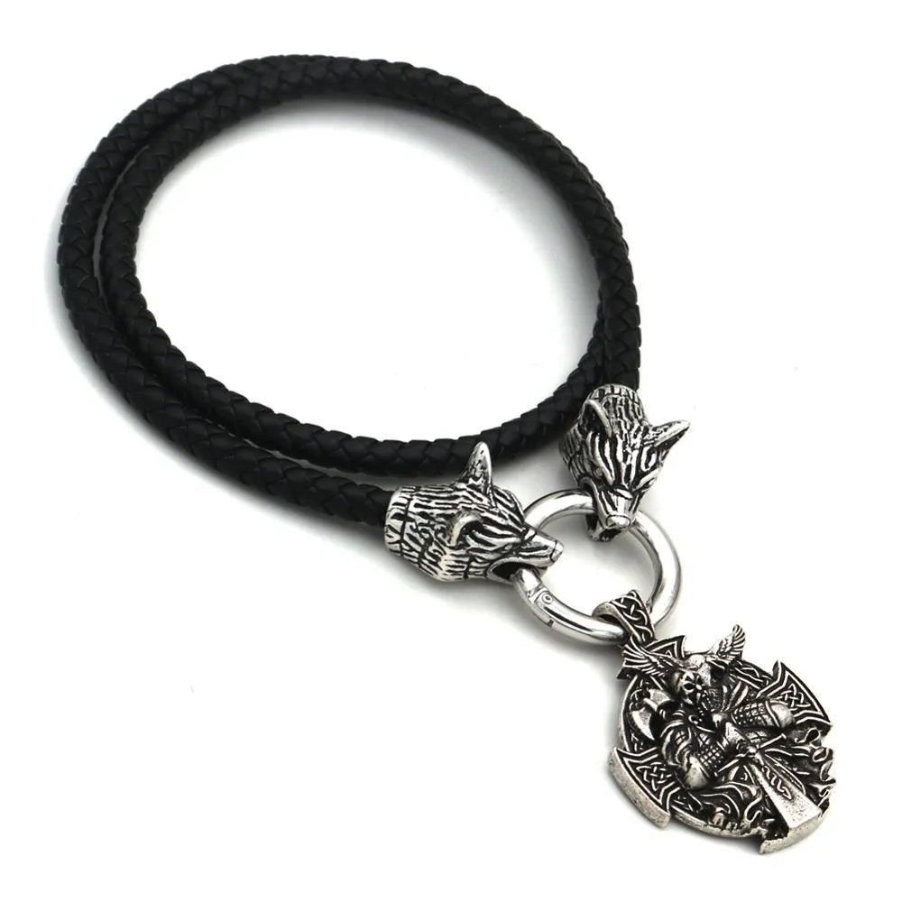 Odin Wolf Head and Cross Pendant with Leather Rope Necklace