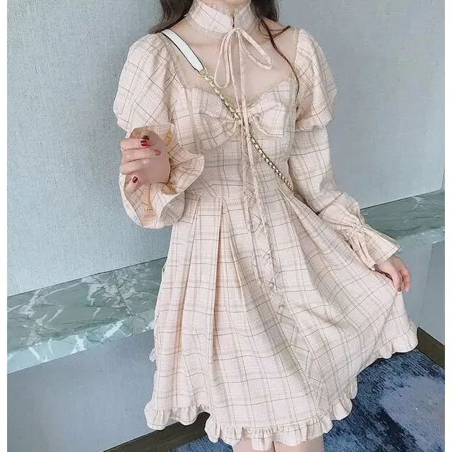 Olivia Snowbird Plaid Kawaii Princess Dolly Dress with Choker