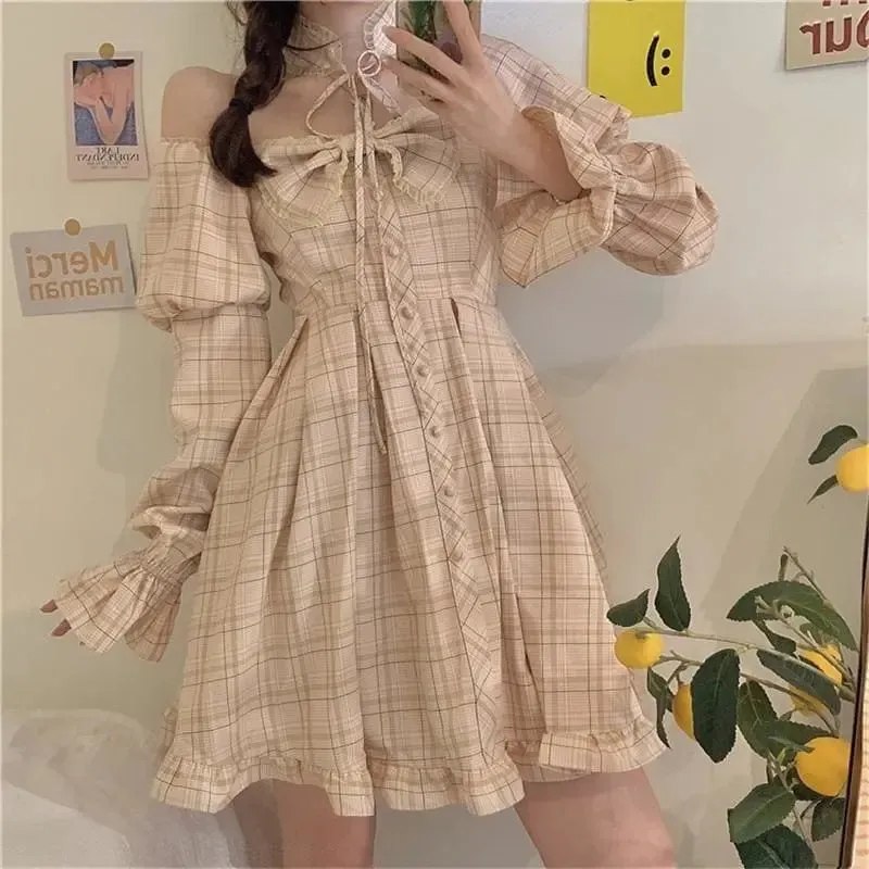 Olivia Snowbird Plaid Kawaii Princess Dolly Dress with Choker