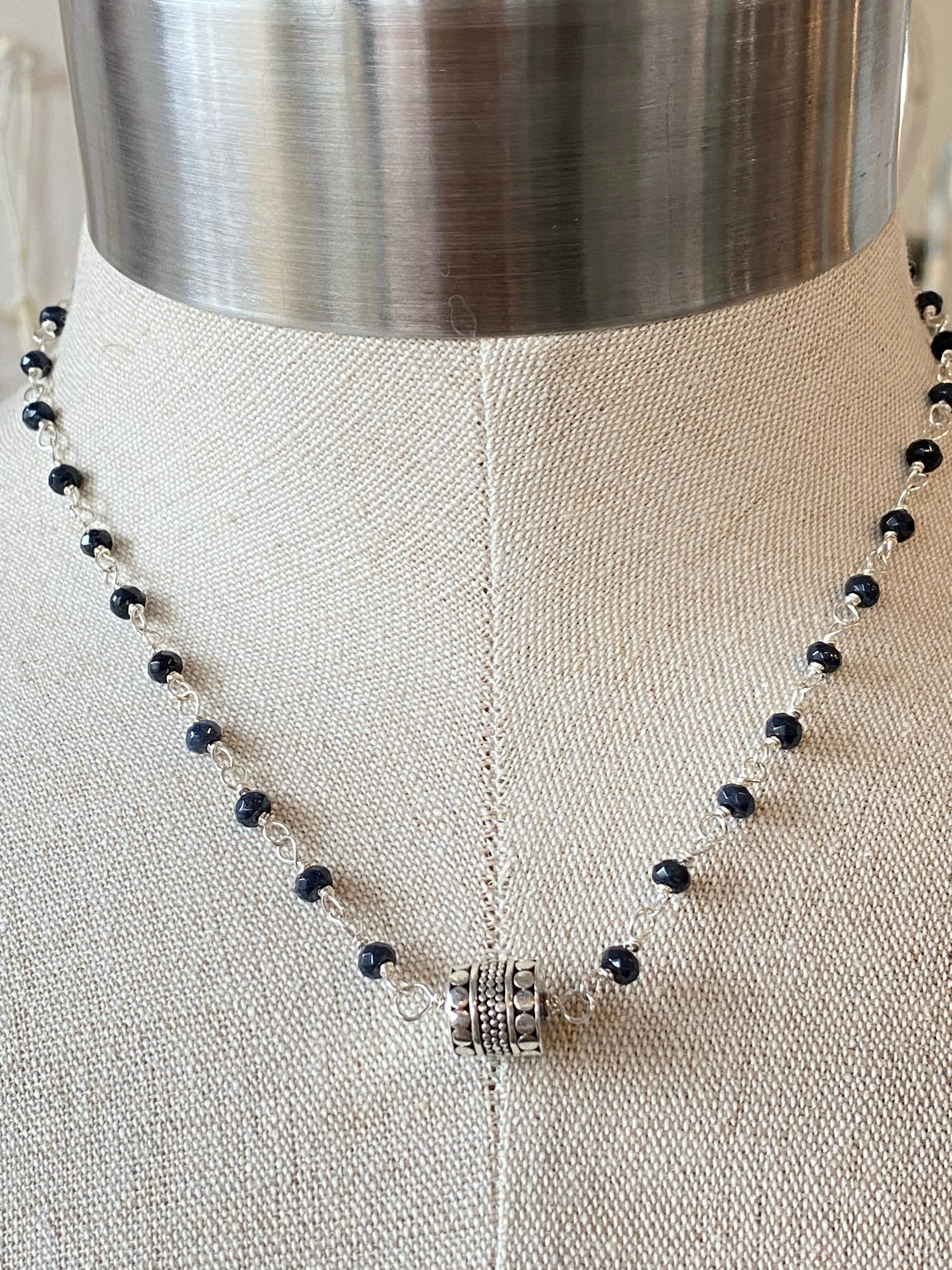 Onyx Beads with Sterling Silver Cube Accent On Sterling Silver WireNecklace