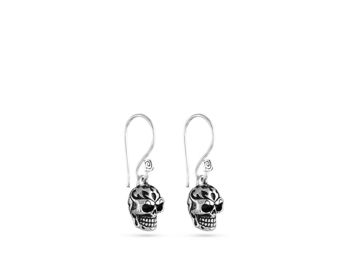 Ornate Skull Earrings - Silver