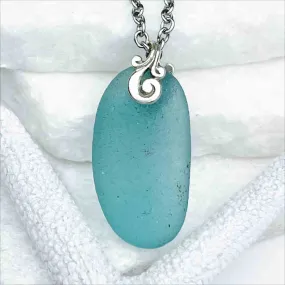 Oval Aqua Sea Glass Ocean Waves Pendant | #5193