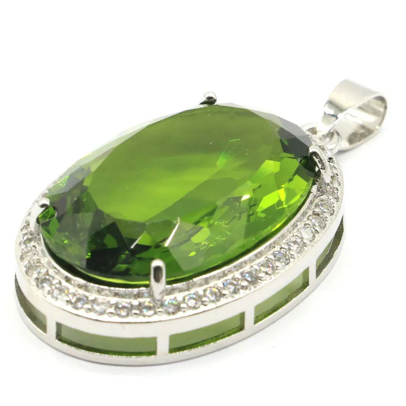 Oval Green Peridot Pave CZ Solitaire Pendant Necklace