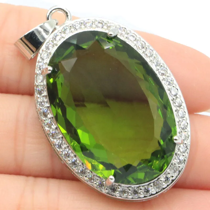 Oval Green Peridot Pave CZ Solitaire Pendant Necklace