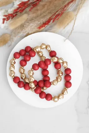 Red Beaded bracelets stack wood and metal Gold tone beads