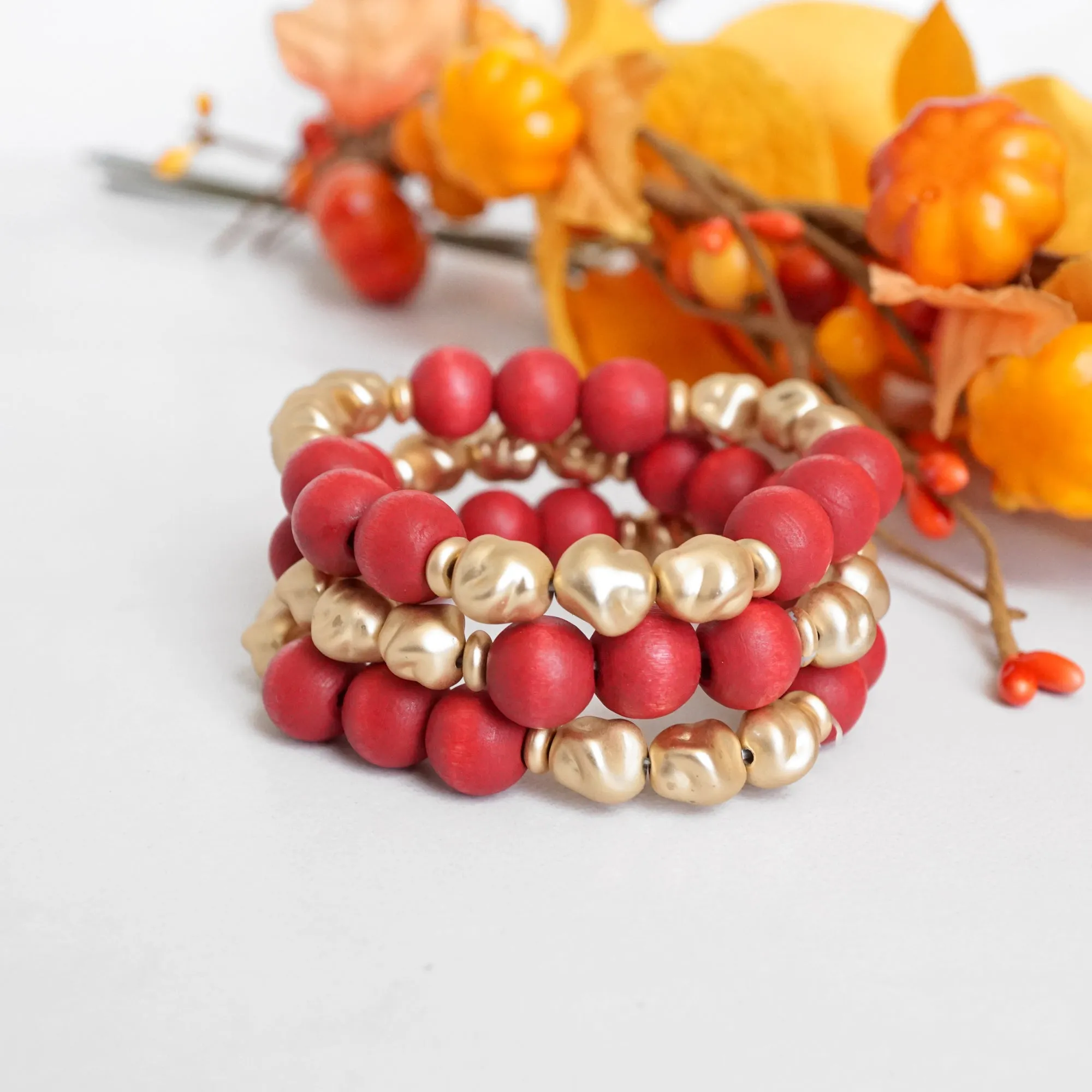 Red Beaded bracelets stack wood and metal Gold tone beads