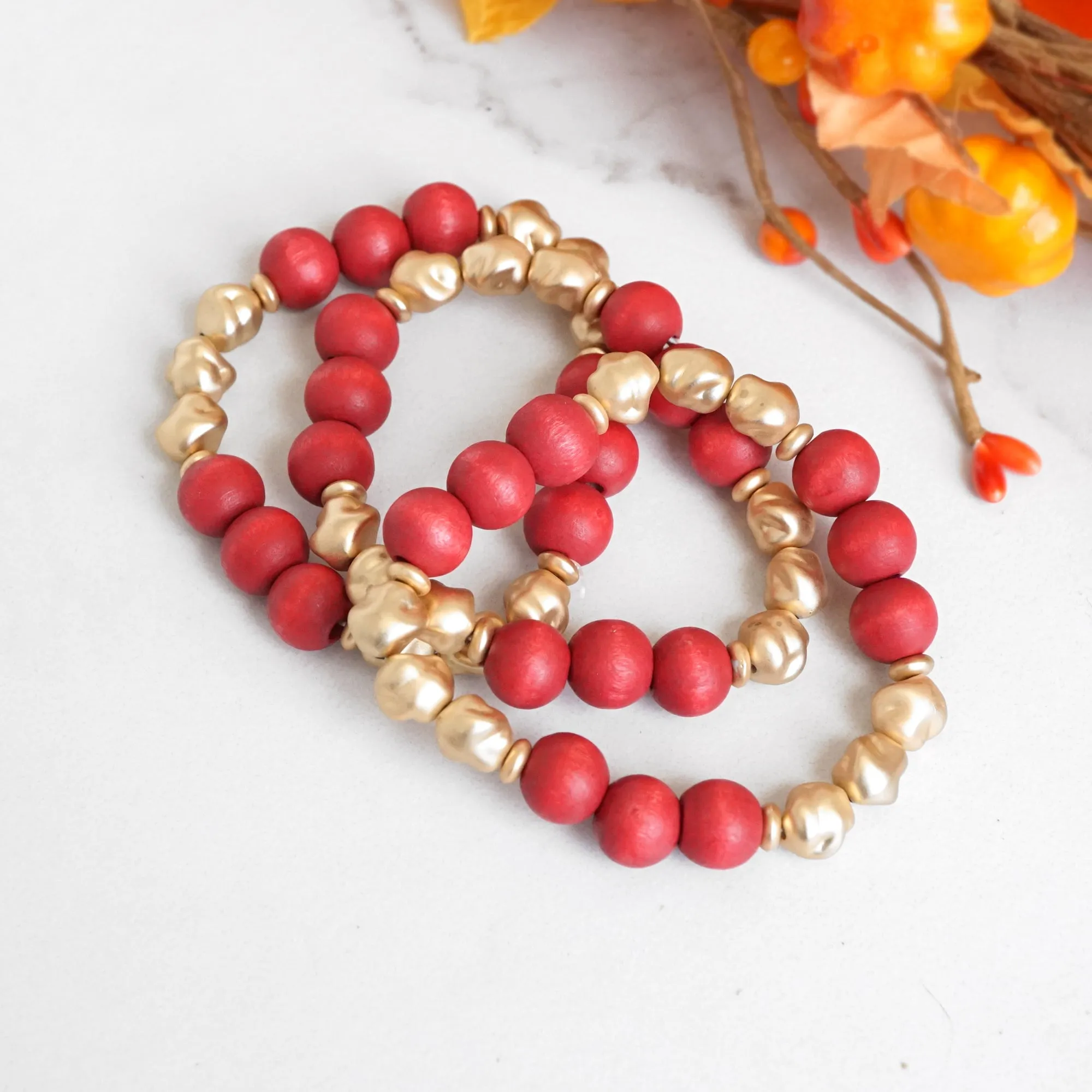 Red Beaded bracelets stack wood and metal Gold tone beads