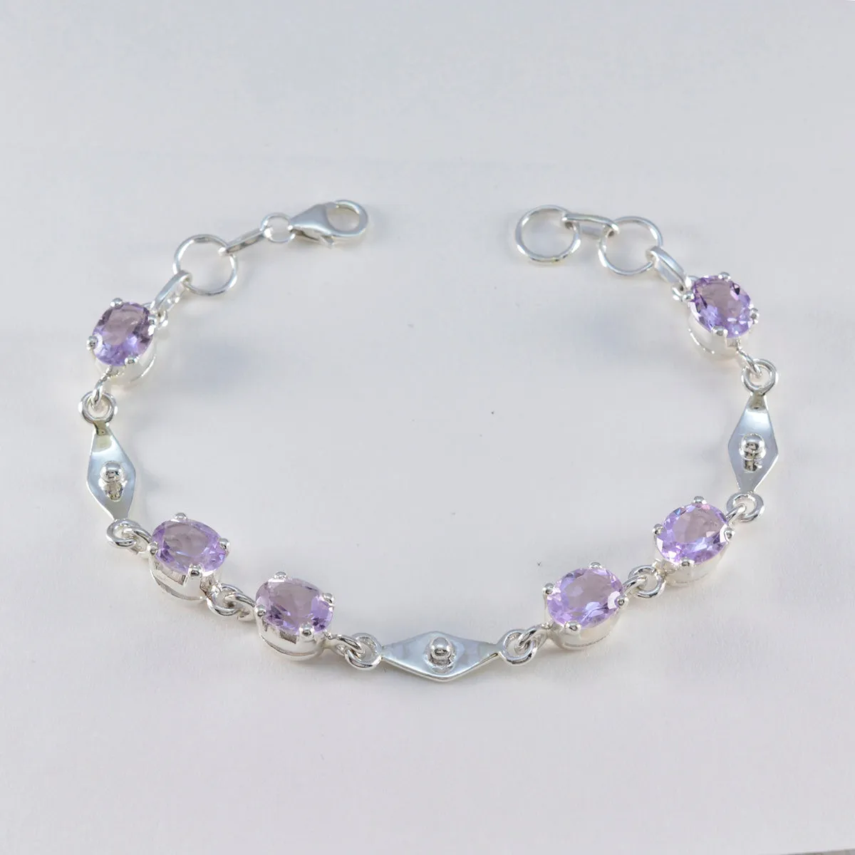 Riyo Classical 925 Sterling Silver Bracelet For Women Amethyst Bracelet Prong Setting Bracelet with Fish Hook Link Bracelet L Size 6-8.5 Inch.