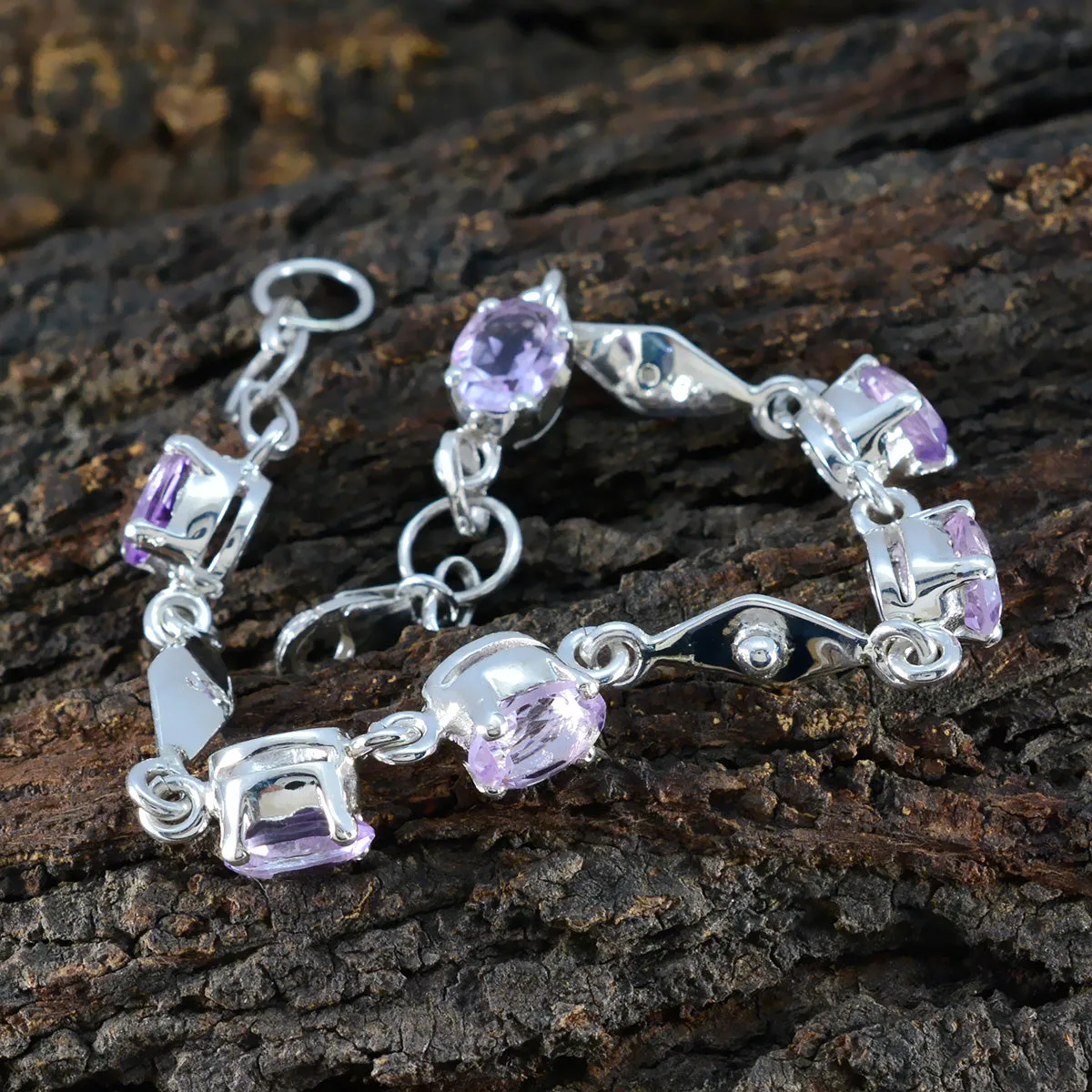 Riyo Classical 925 Sterling Silver Bracelet For Women Amethyst Bracelet Prong Setting Bracelet with Fish Hook Link Bracelet L Size 6-8.5 Inch.