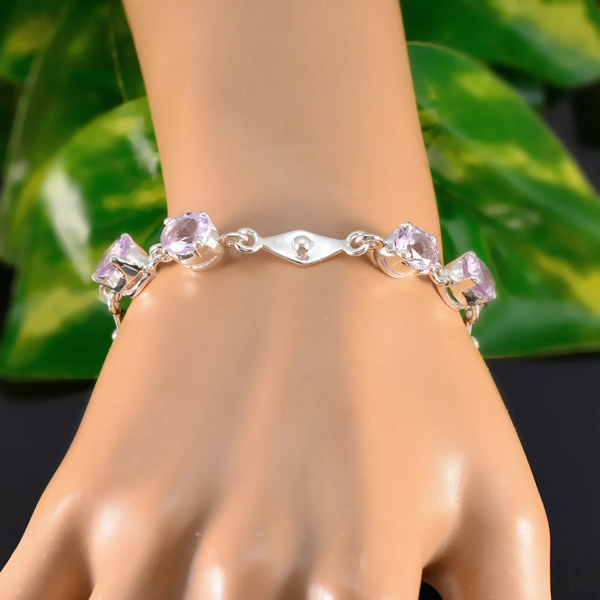 Riyo Classical 925 Sterling Silver Bracelet For Women Amethyst Bracelet Prong Setting Bracelet with Fish Hook Link Bracelet L Size 6-8.5 Inch.