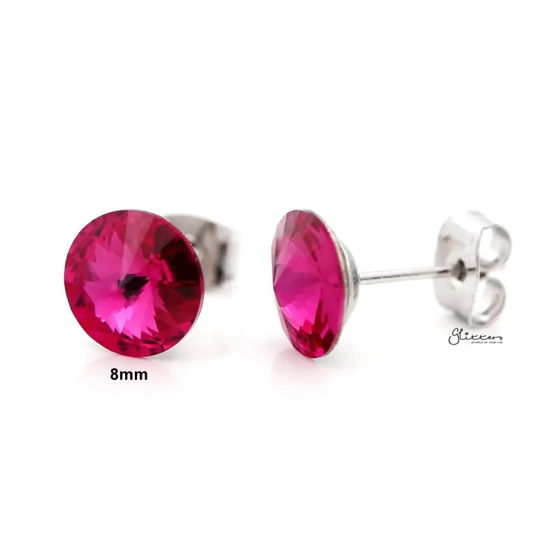 Round Crystal Stud Earrings - Hot Pink