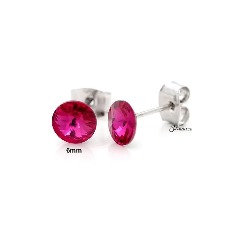 Round Crystal Stud Earrings - Hot Pink