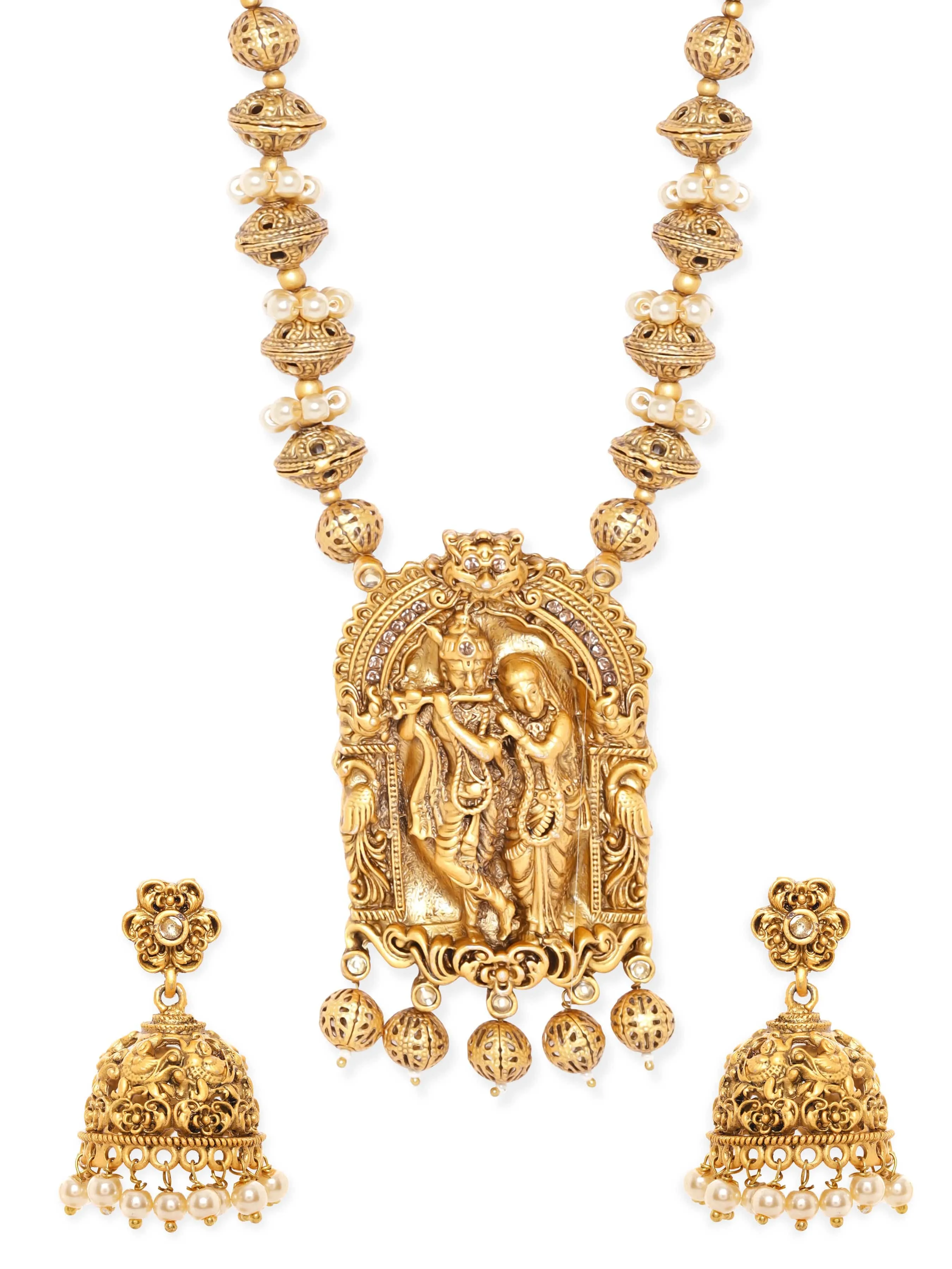 Rubans Lord Krishna and Radha Temple Necklace Set with Golden Beads