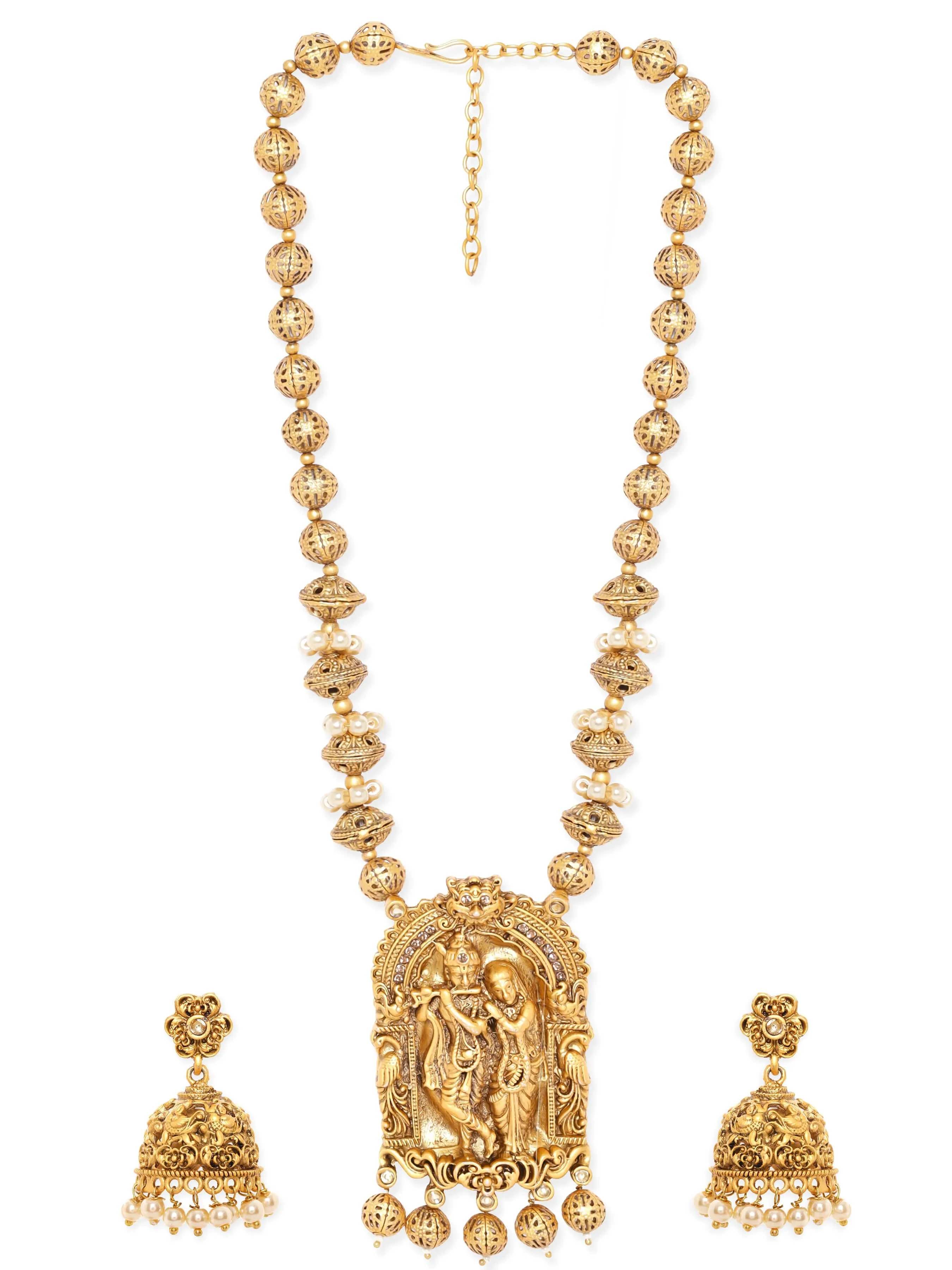 Rubans Lord Krishna and Radha Temple Necklace Set with Golden Beads