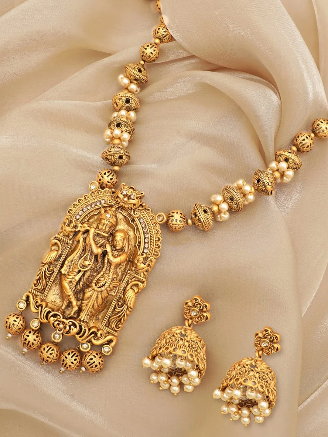 Rubans Lord Krishna and Radha Temple Necklace Set with Golden Beads