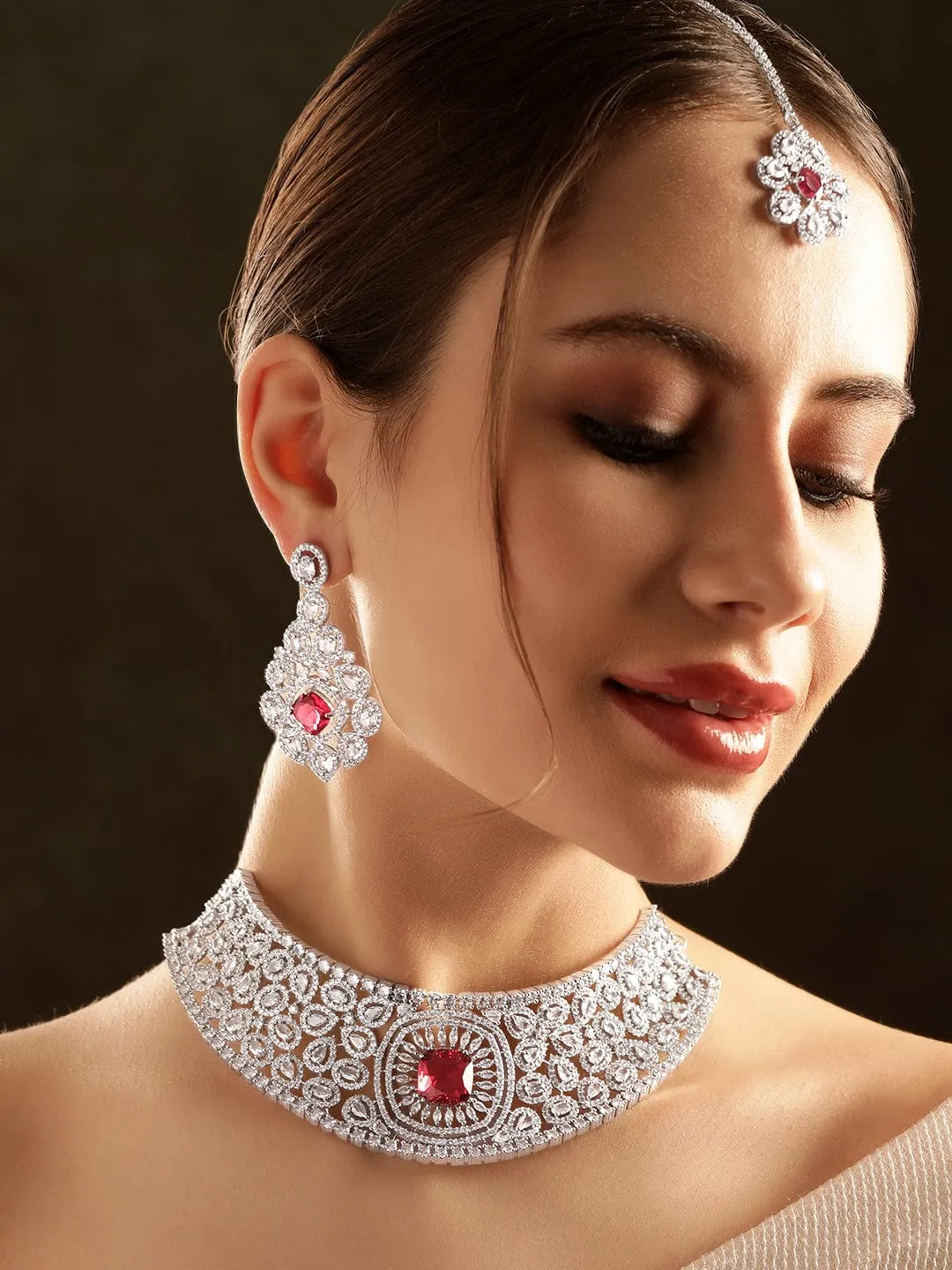 Rubans Rhodium Plated Ruby Red Zirconia studded Pave set Statement Choker Necklace Set