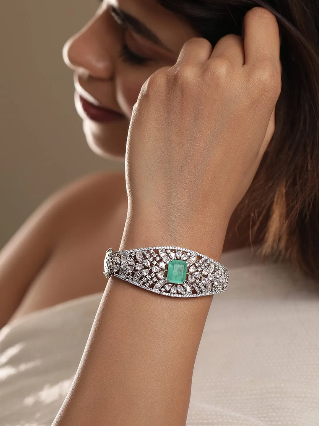 Rubans Rhodium Plated Zirconia and Pastel Green Studded Bracelet