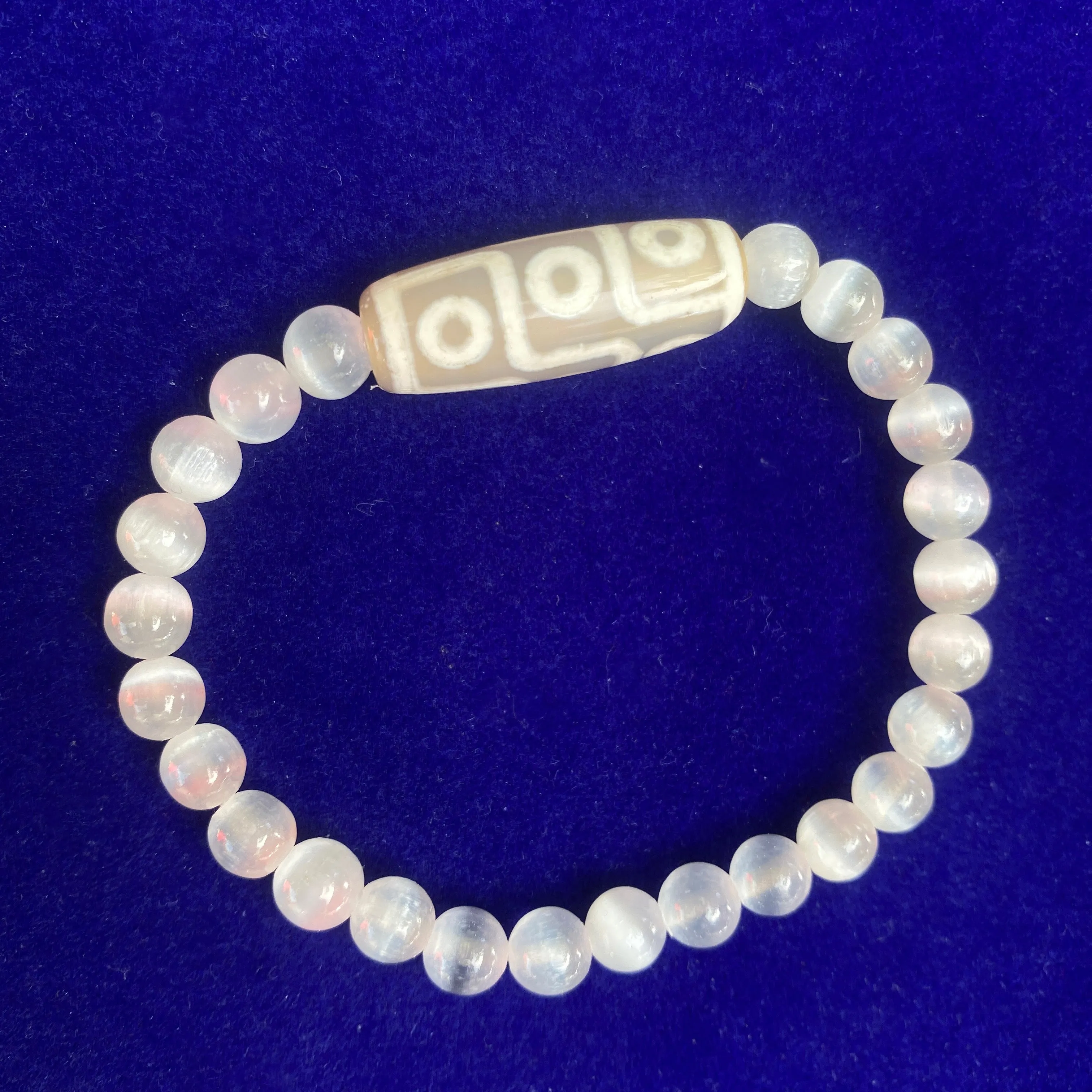 Selenite and Tibetan Agate Gemstone stretch bracelet