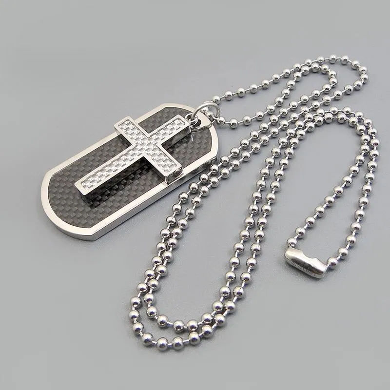 Silver Dog Tag and Cross Pendants with Carbon Fiber Enamel Inlay