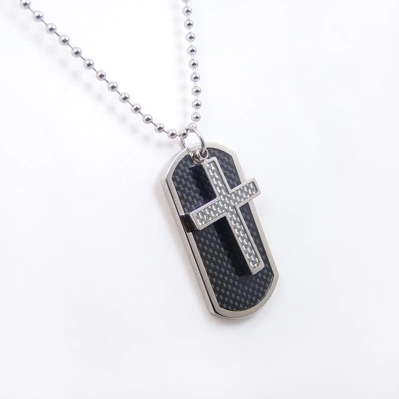 Silver Dog Tag and Cross Pendants with Carbon Fiber Enamel Inlay