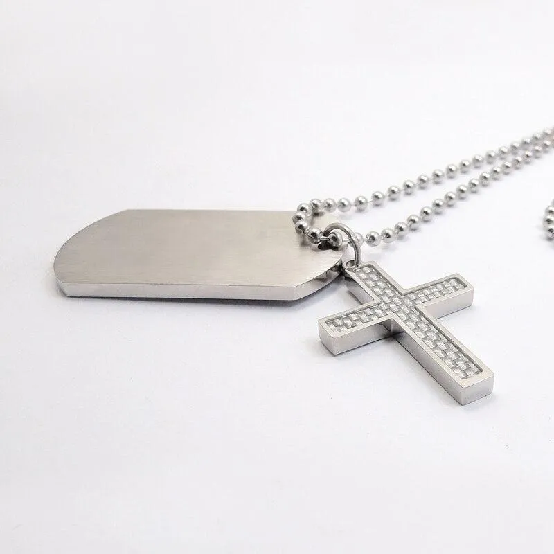 Silver Dog Tag and Cross Pendants with Carbon Fiber Enamel Inlay