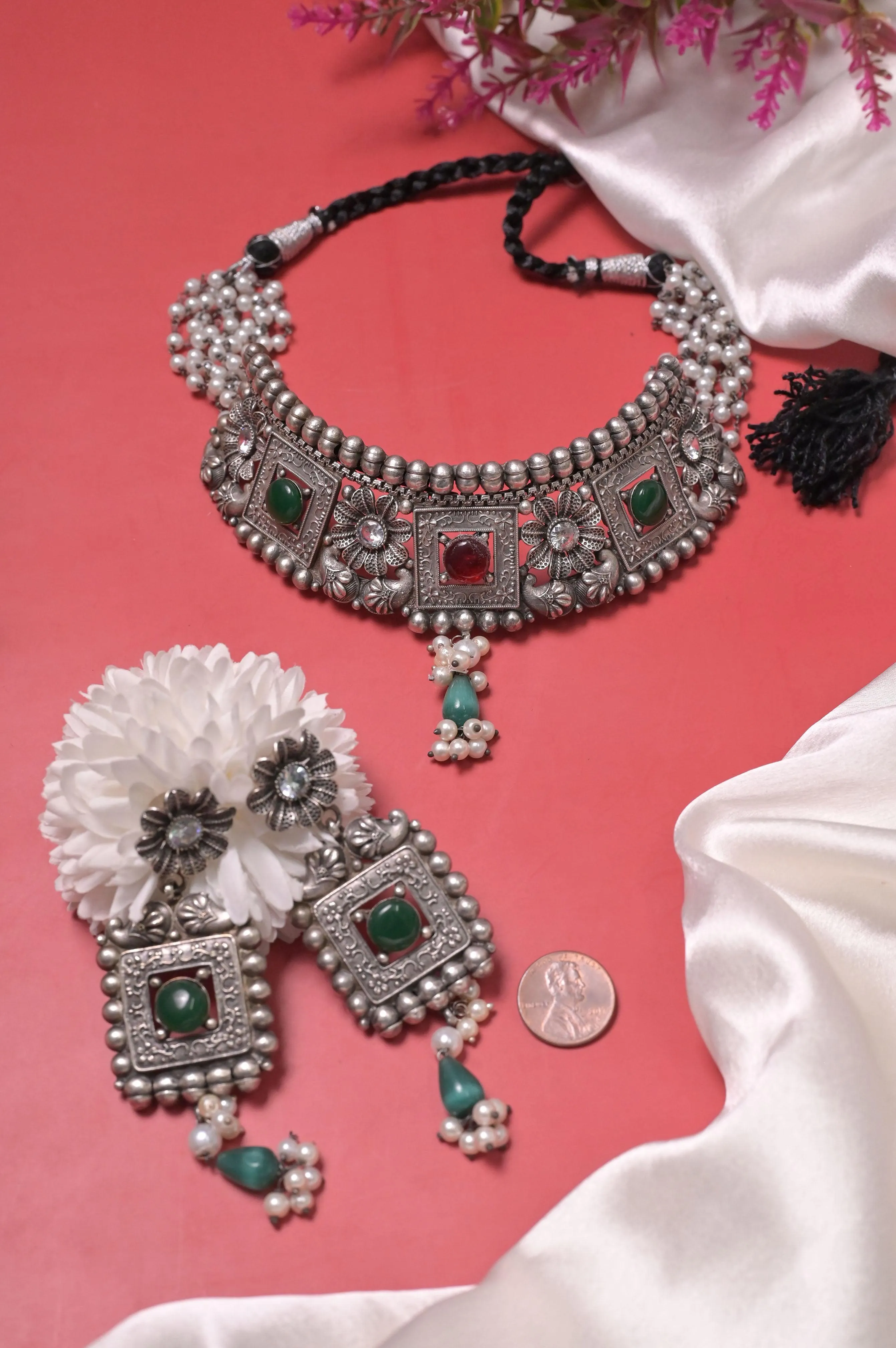 Silver Replica Choker Necklace Set with Multi-Color Kundan and Pearl Work