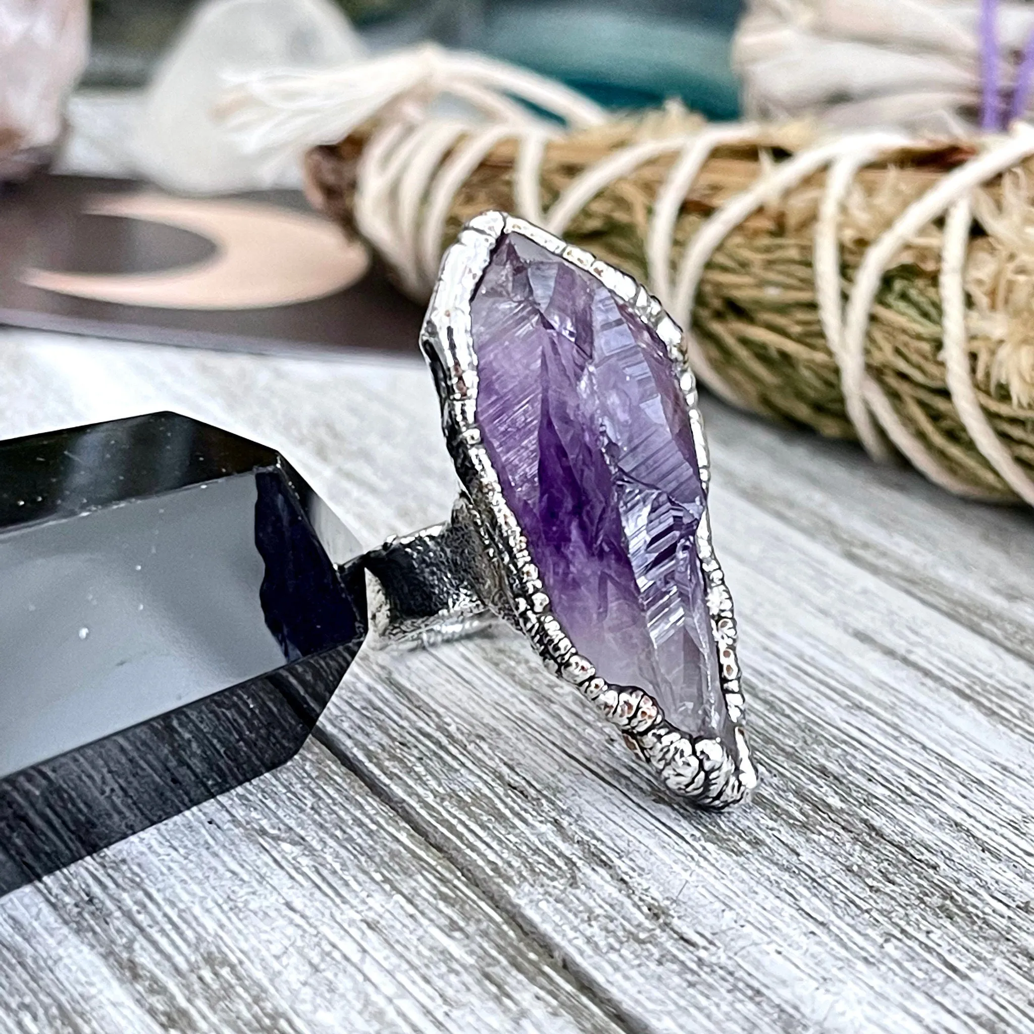 Size 6 Big Raw Amethyst Purple Crystal Ring in Fine Silver / Foxlark Collection - One of a Kind