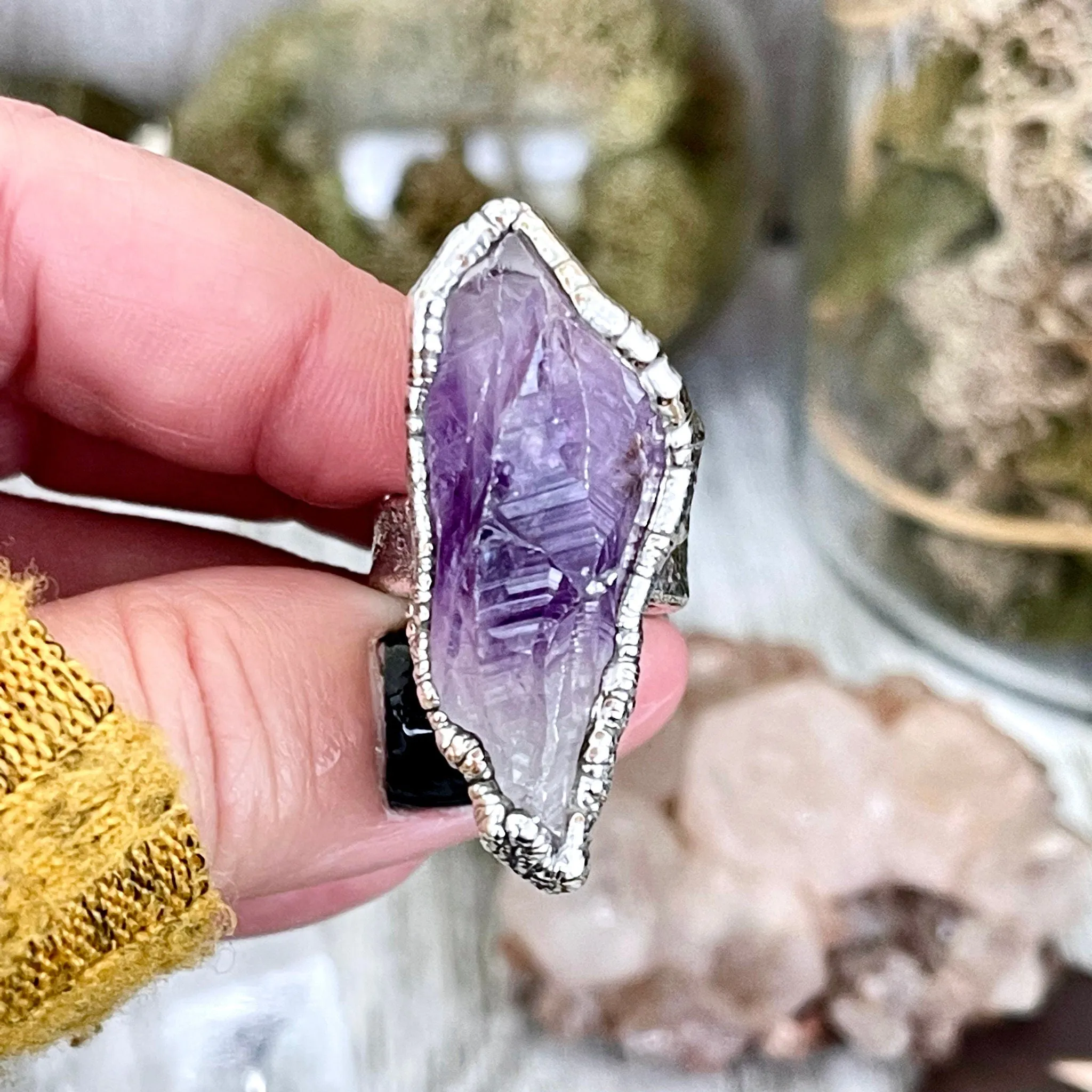 Size 6 Big Raw Amethyst Purple Crystal Ring in Fine Silver / Foxlark Collection - One of a Kind