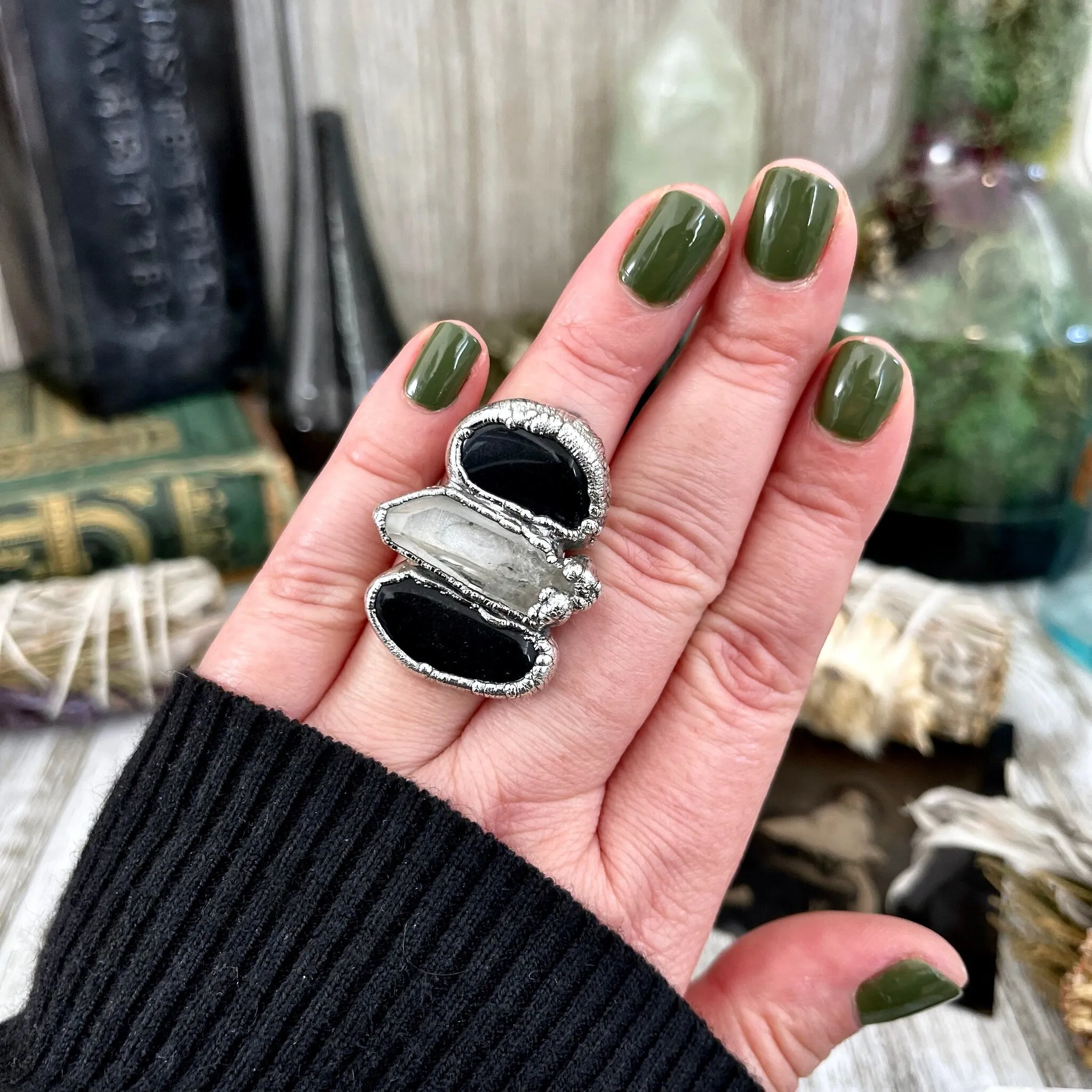 Size 6.5 Crystal Ring - Three Stone Ring Black Onyx & Clear Quartz Silver Ring / Foxlark Collection - One of a Kind