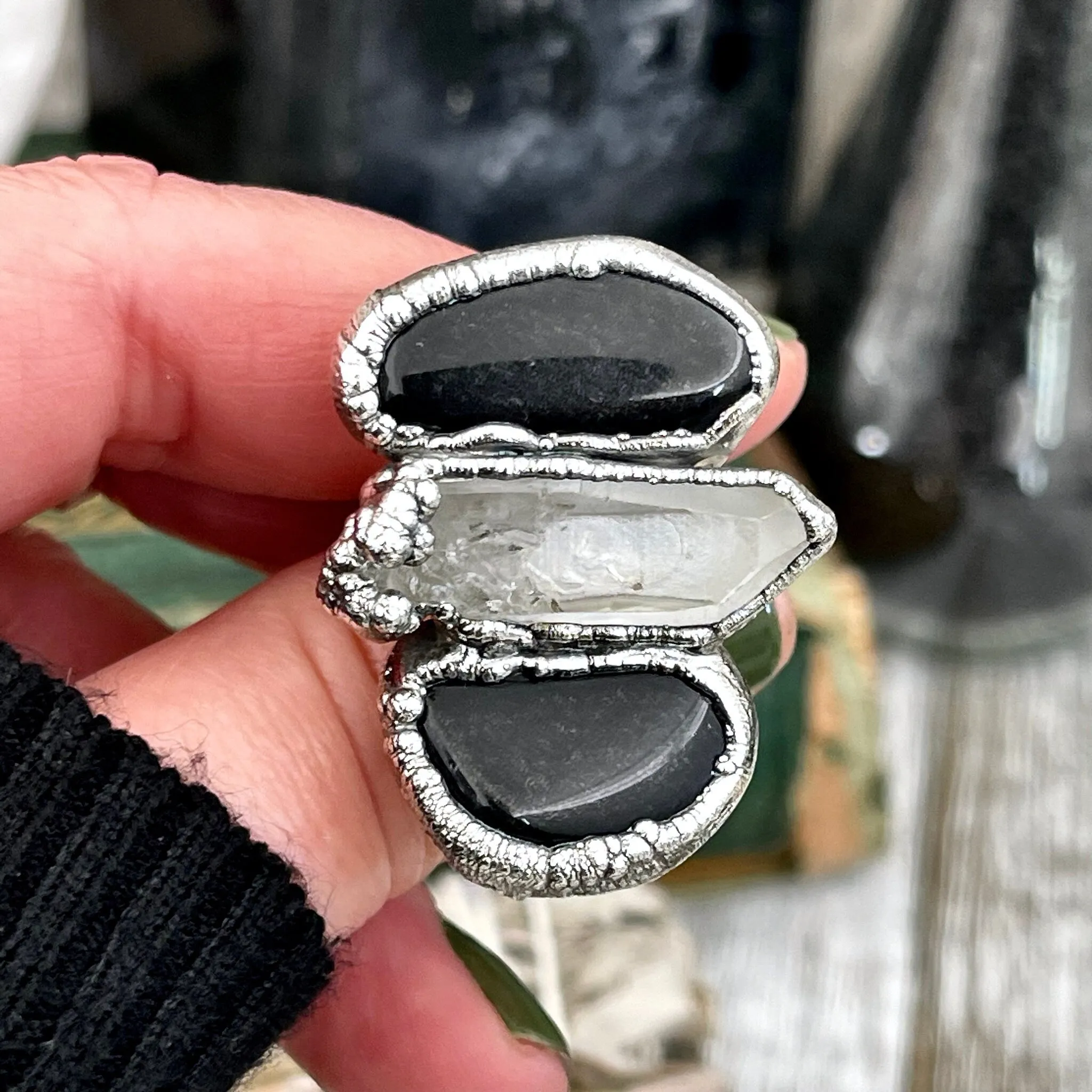 Size 6.5 Crystal Ring - Three Stone Ring Black Onyx & Clear Quartz Silver Ring / Foxlark Collection - One of a Kind