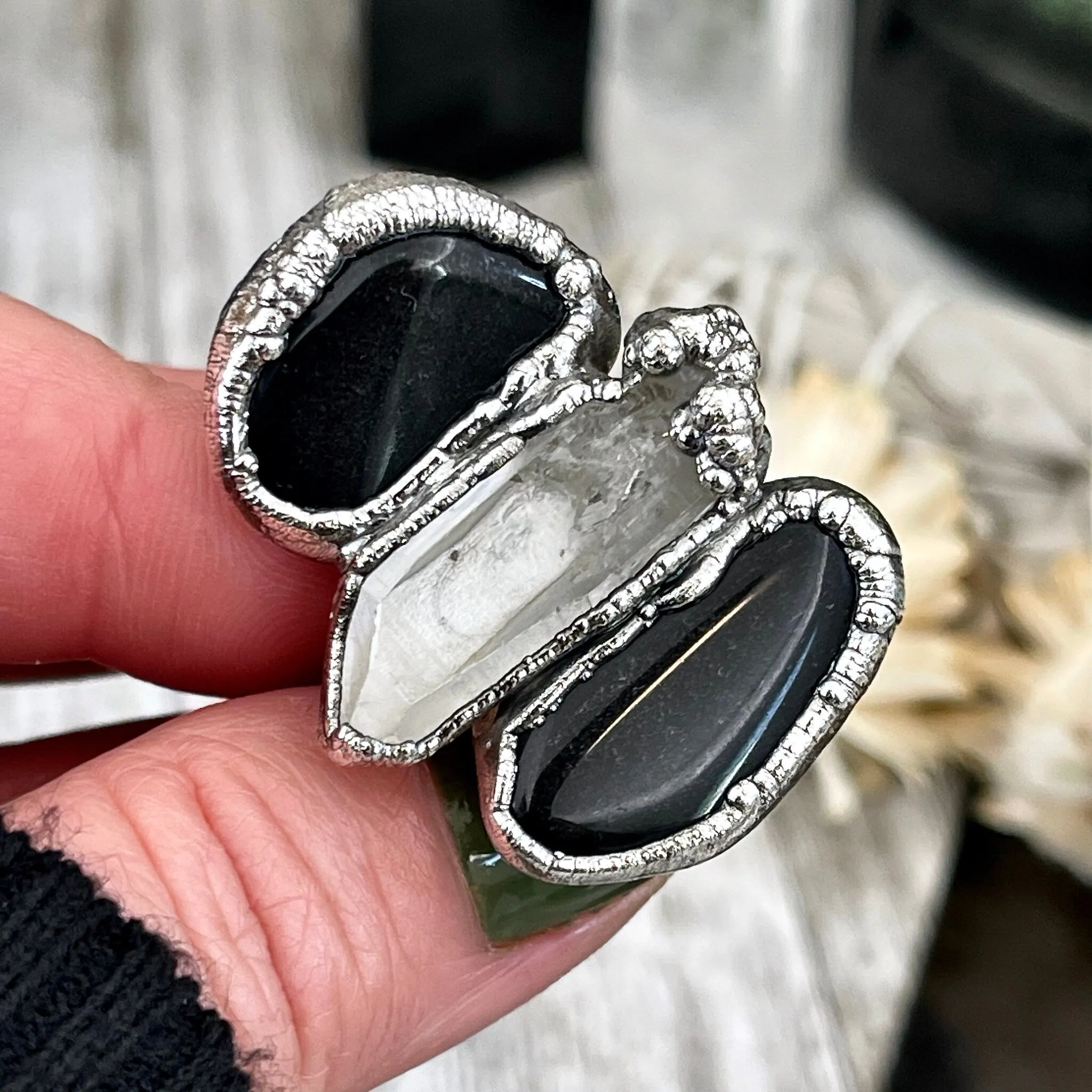 Size 6.5 Crystal Ring - Three Stone Ring Black Onyx & Clear Quartz Silver Ring / Foxlark Collection - One of a Kind