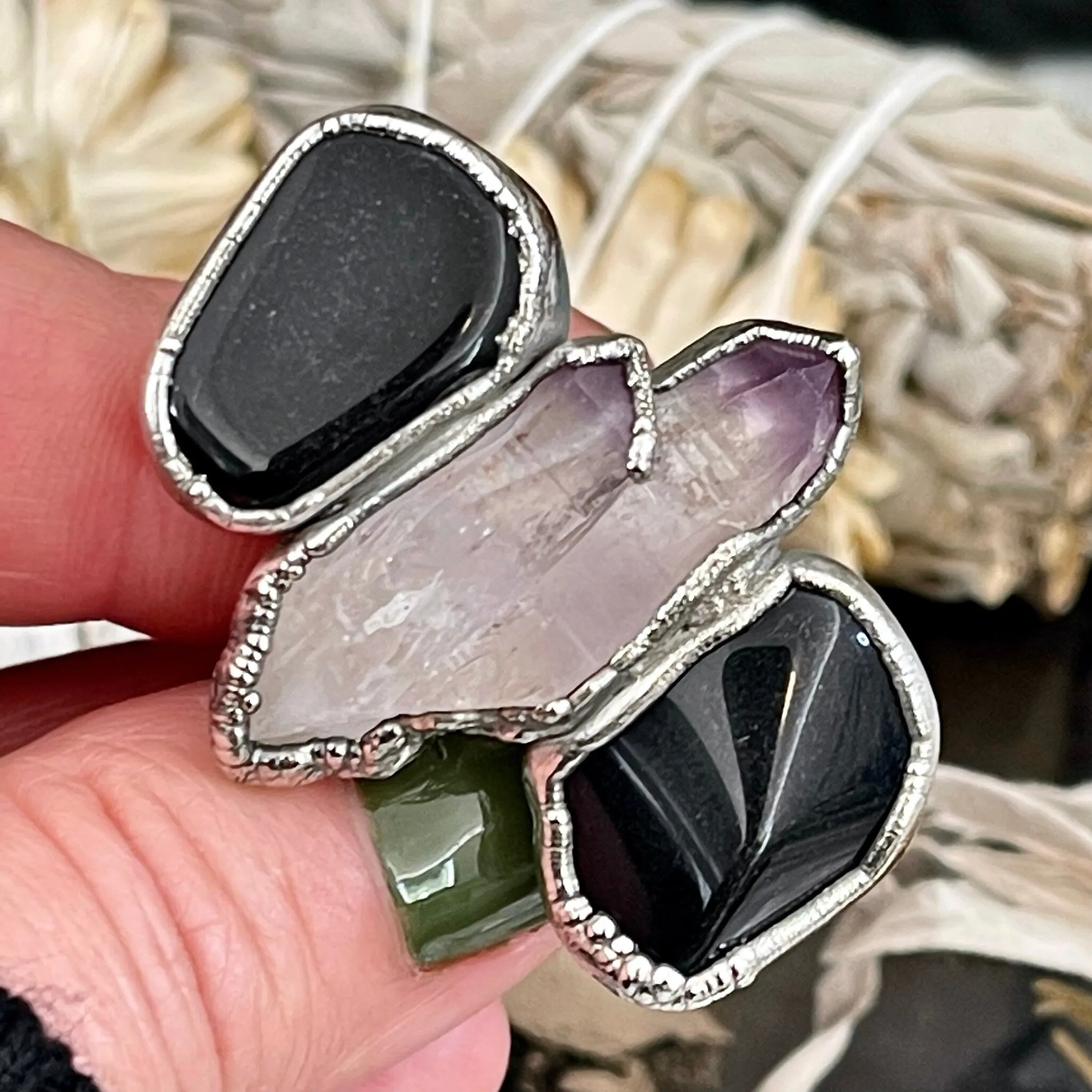 Size 7 Crystal Ring - Three Stone Black Onyx Purple Veracruz Amethyst Silver Ring / Foxlark Collection - One of a Kind