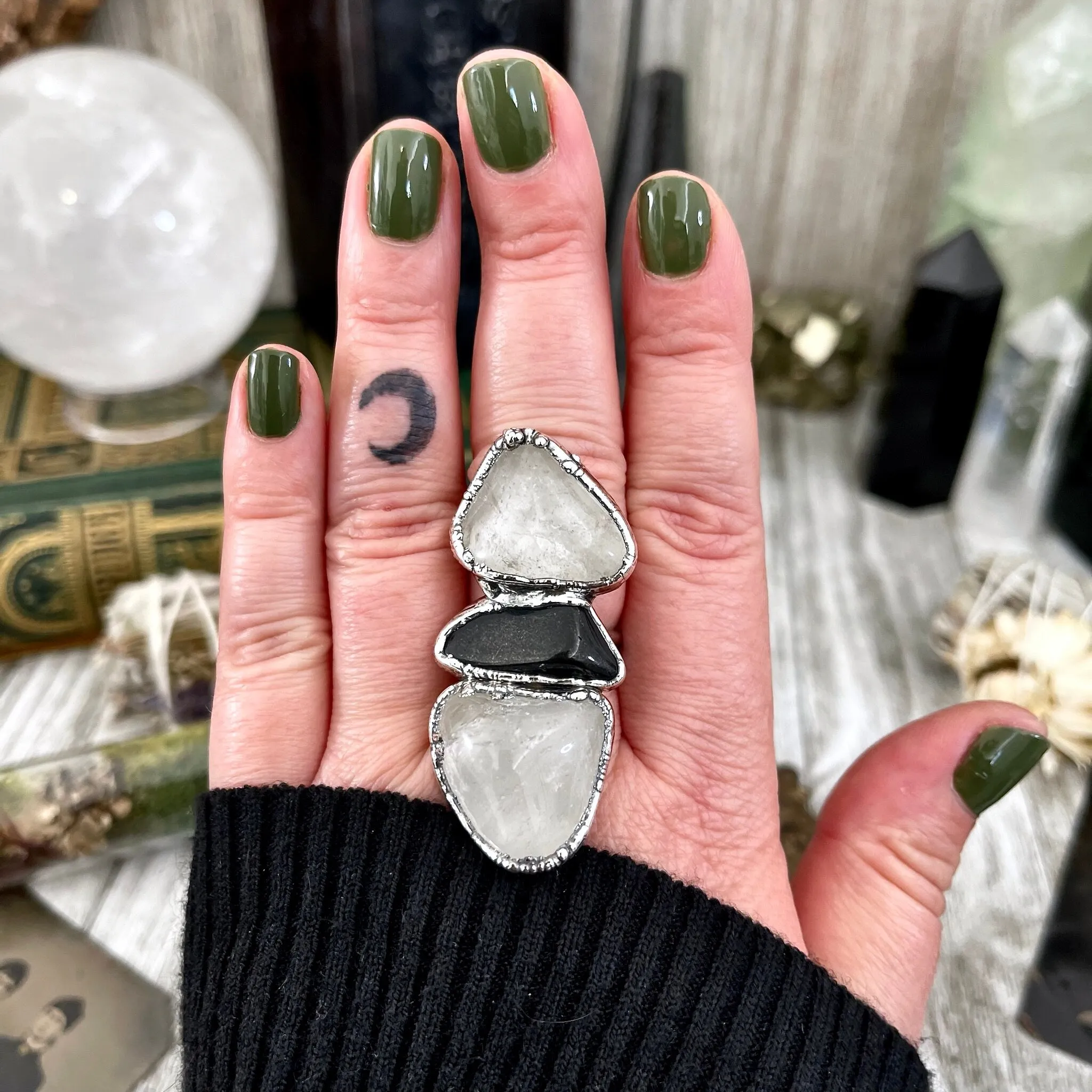 Size 8.5 Crystal Ring - Three Stone Black Onyx Clear Quartz Ring in Silver / Foxlark Collection - One of a Kind