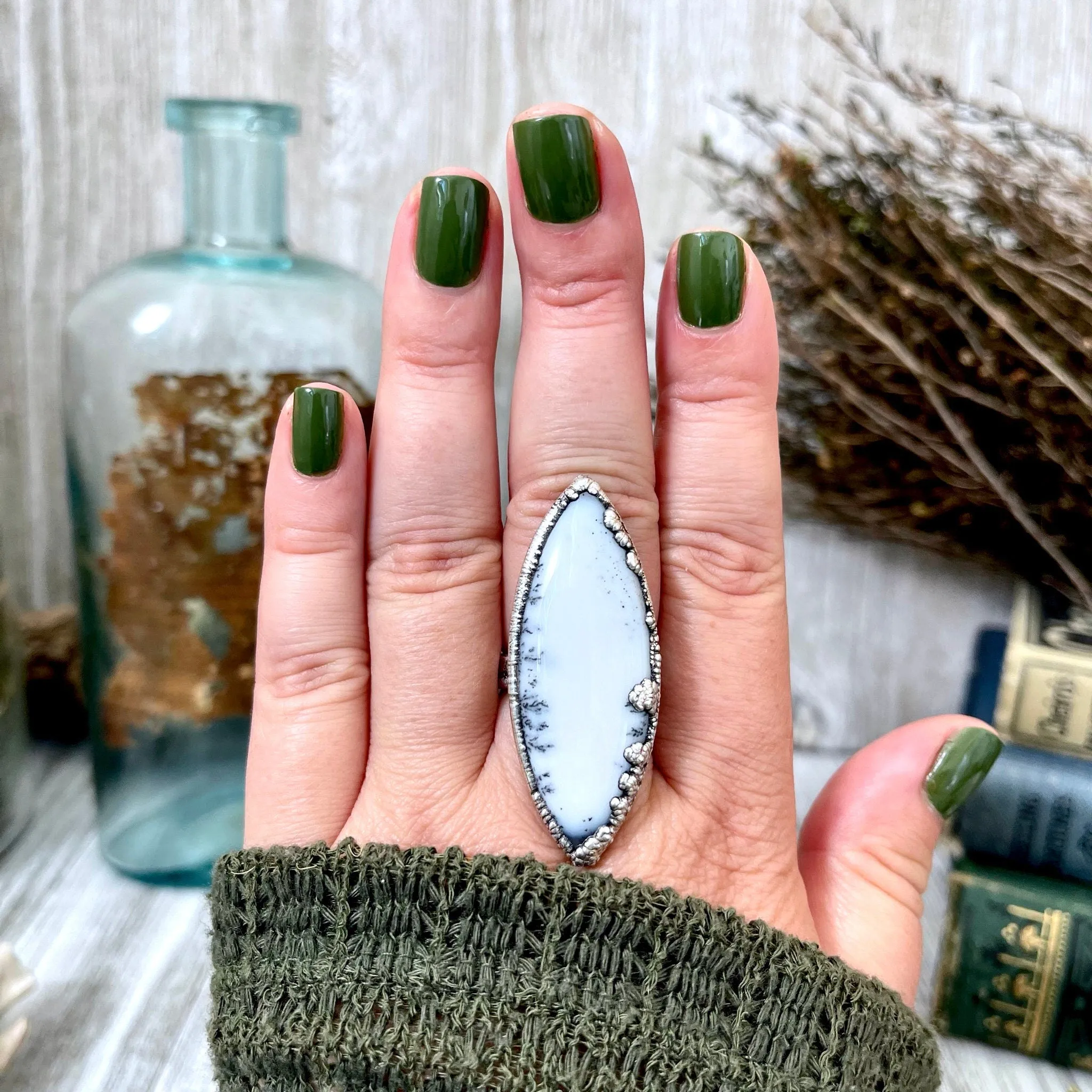 Size 8.5 Dendritic Agate Large Crystal Ring in Fine Silver for Woman /  Foxlark Collection - One of a Kind