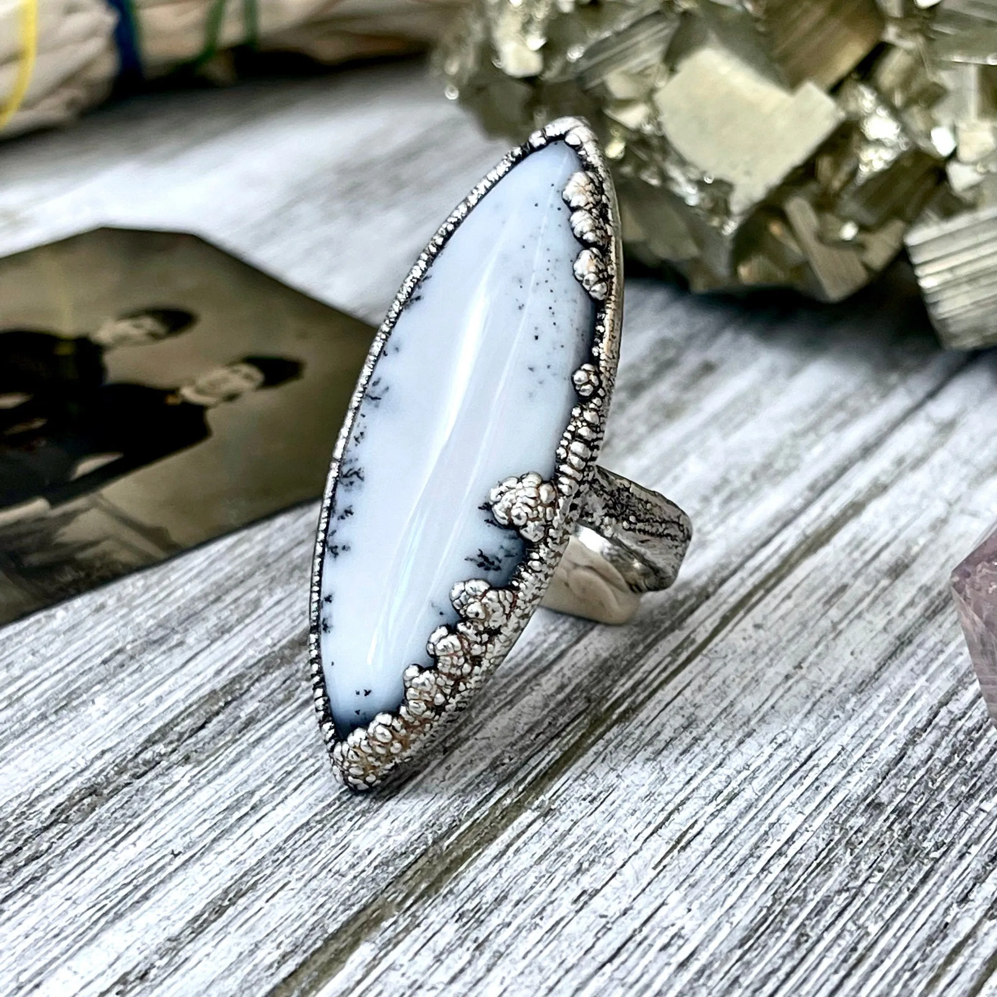 Size 8.5 Dendritic Agate Large Crystal Ring in Fine Silver for Woman /  Foxlark Collection - One of a Kind