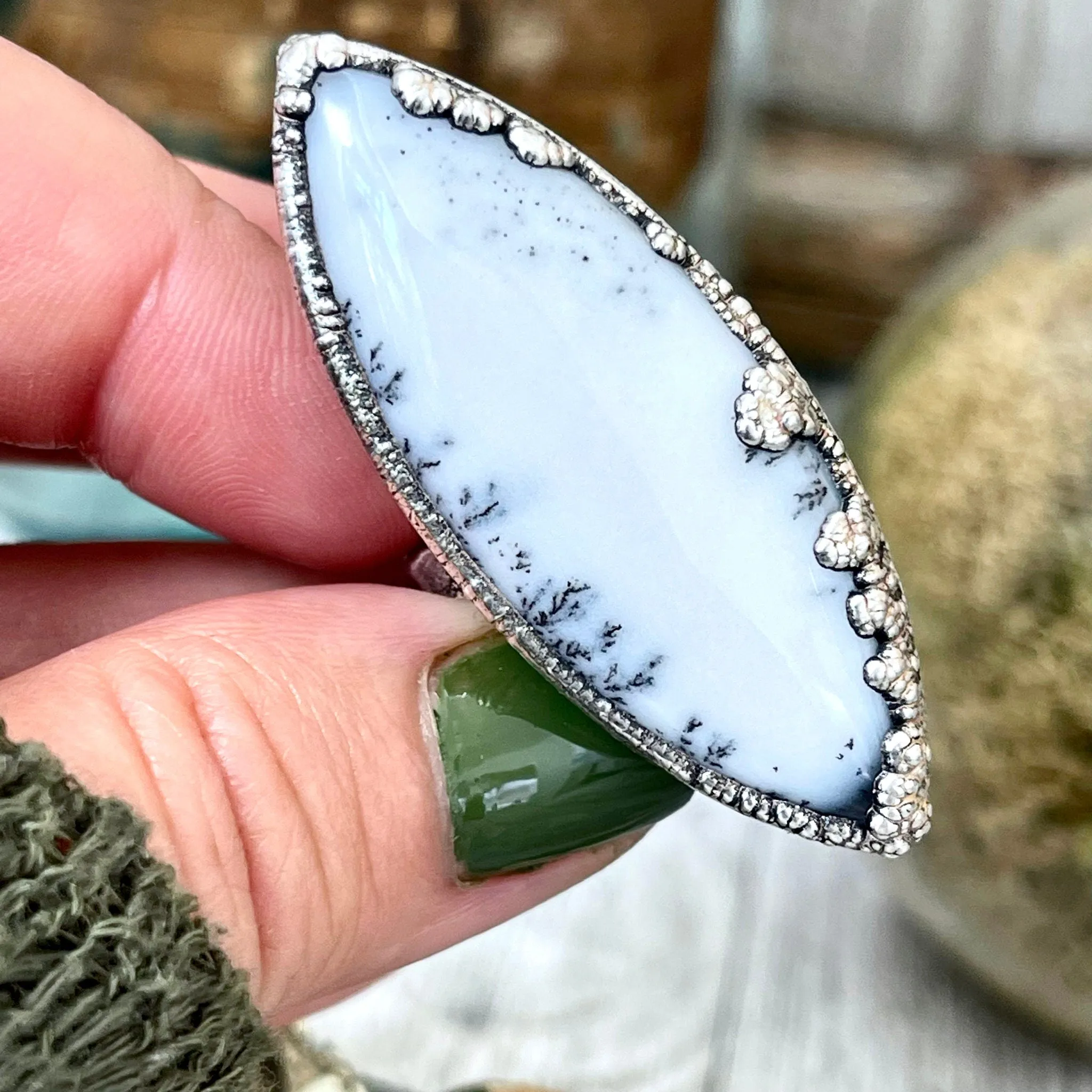 Size 8.5 Dendritic Agate Large Crystal Ring in Fine Silver for Woman /  Foxlark Collection - One of a Kind