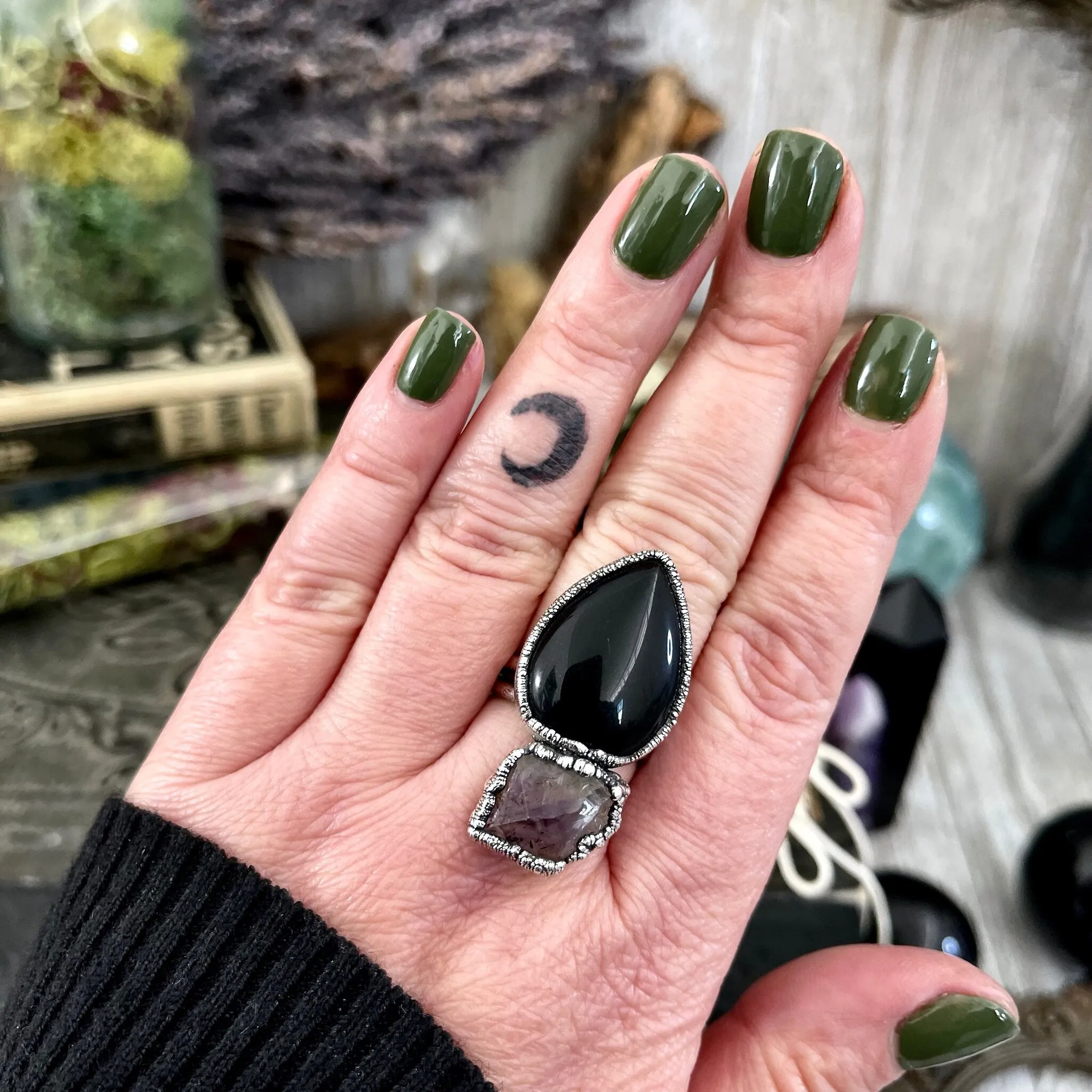 Size 8.5 Two Stone Ring- Black Onyx Purple Raw Amethyst Crystal Ring Fine Silver / Foxlark Collection - One of a Kind