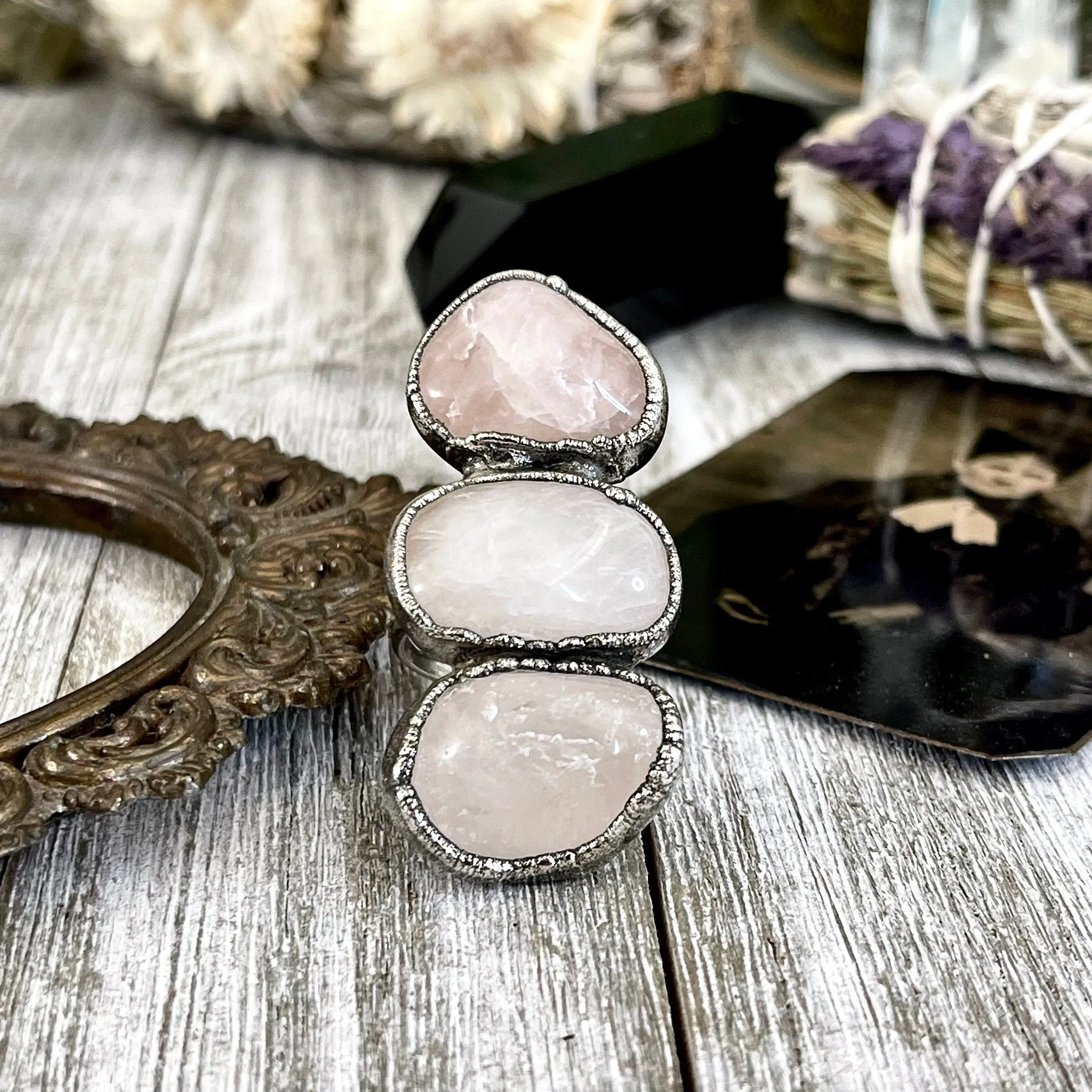 Size 9.5 Crystal Ring - Three Stone Pink Rose Quartz Ring in Silver / Foxlark Collection - One of a Kind