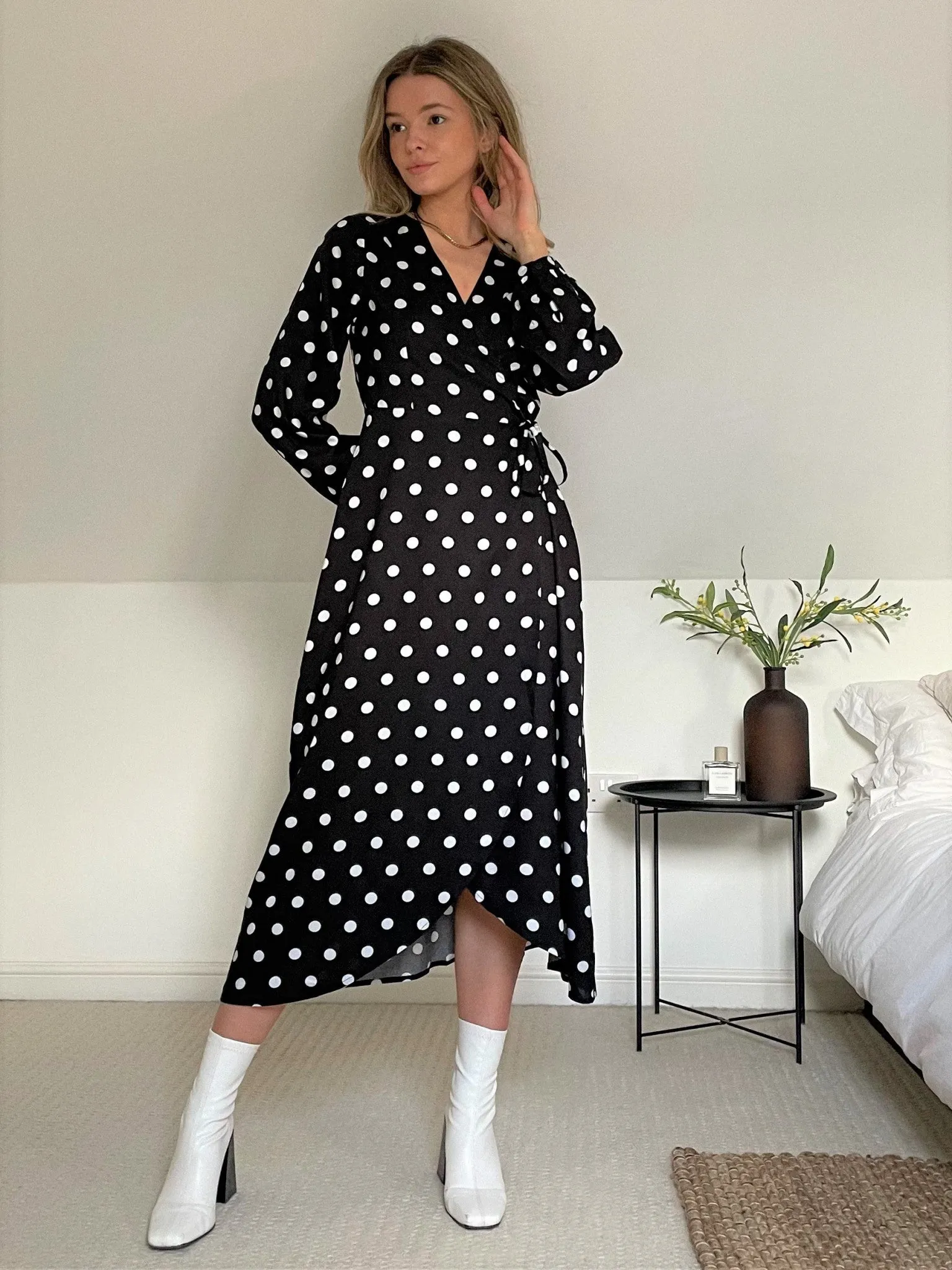 Slaytwins Vale Polka Dot Wrap Midi Dress- Black