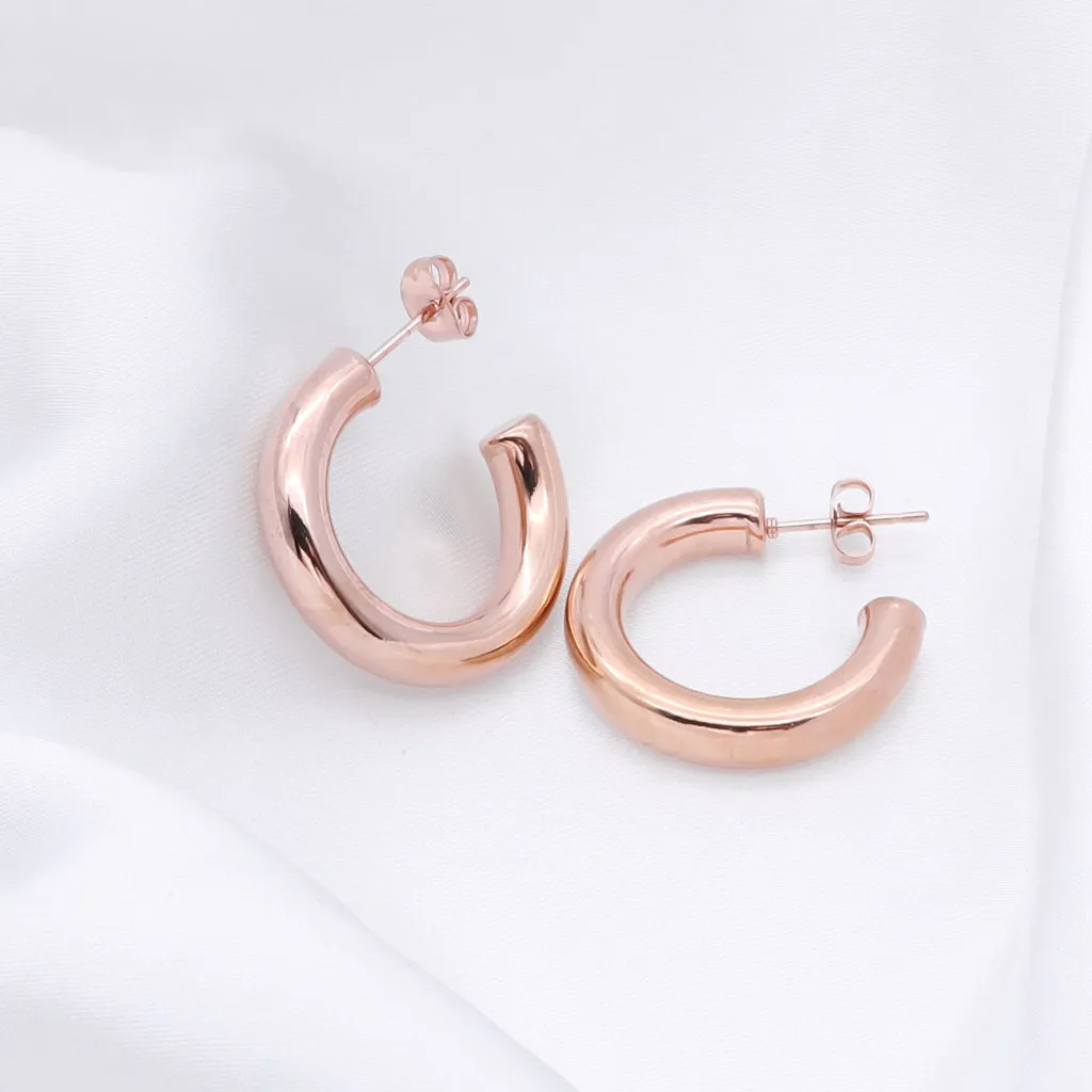 Stainless Steel Thick Tube Hoop Earrings - Rose Gold