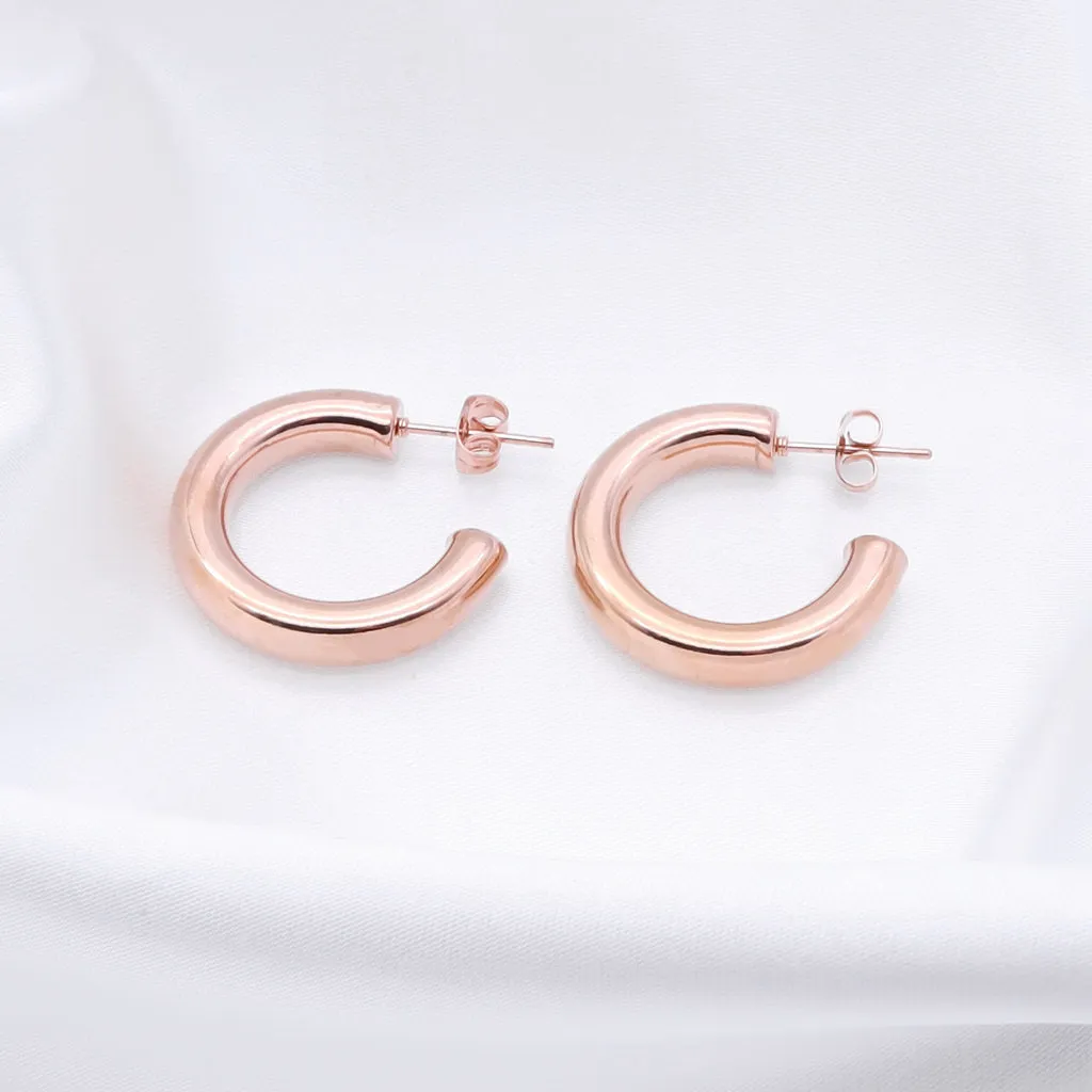 Stainless Steel Thick Tube Hoop Earrings - Rose Gold