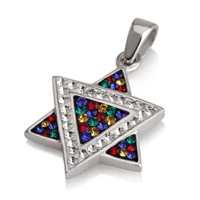 Star of David Pendant Multi Colors&White Gemstones   Sterling Silver Necklace