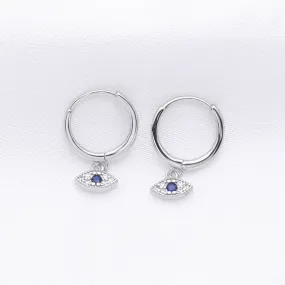 Sterling Silver Evil Eye Charm Huggie Hoop Earrings - Silver