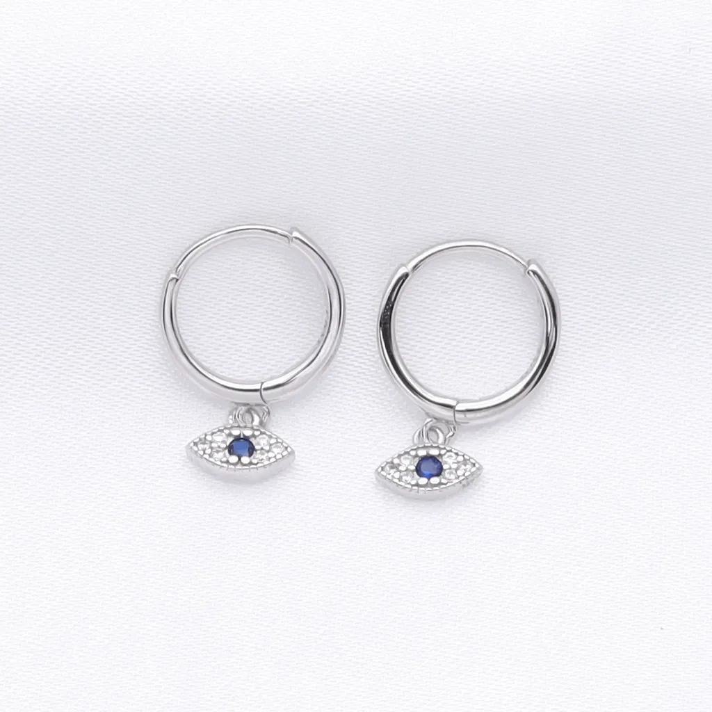 Sterling Silver Evil Eye Charm Huggie Hoop Earrings - Silver