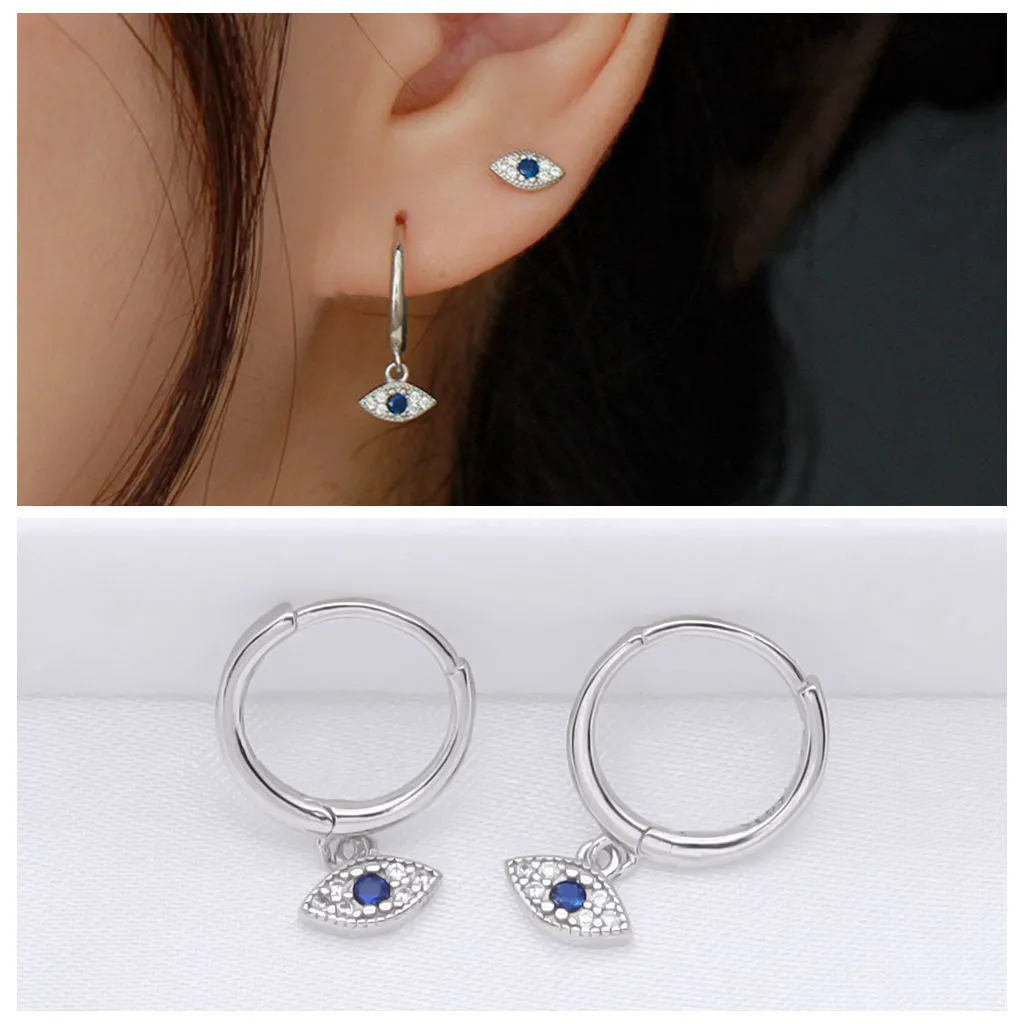 Sterling Silver Evil Eye Charm Huggie Hoop Earrings - Silver